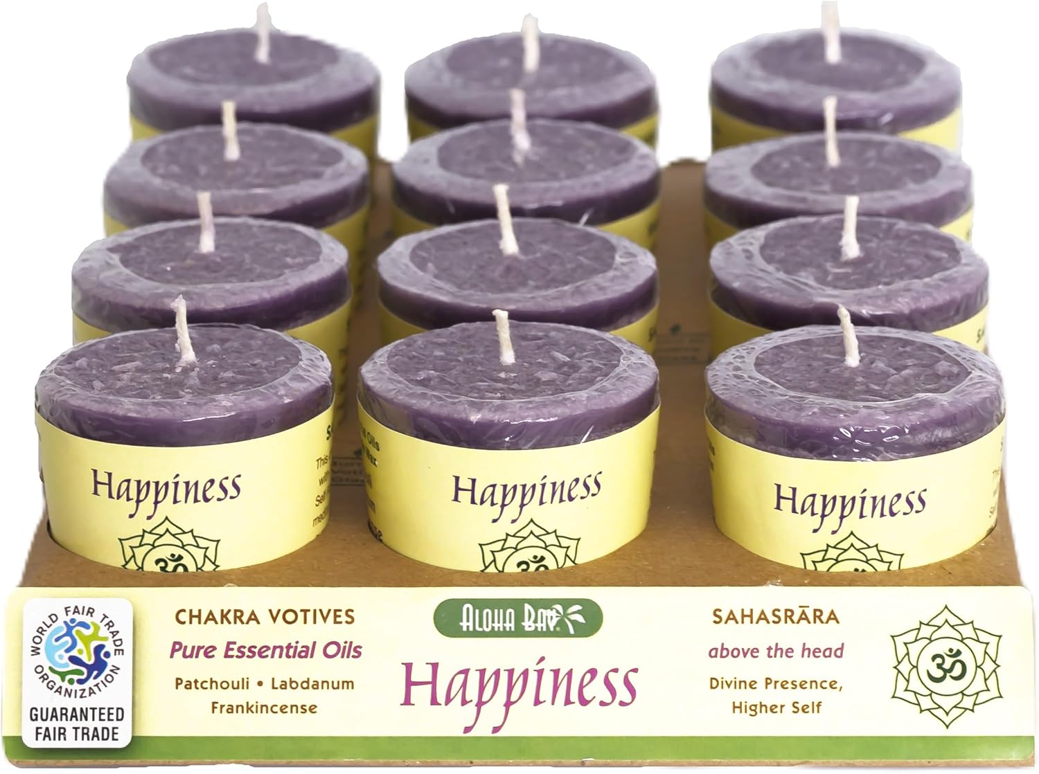 Premium Scented Hand Made Chakra Energy Candle | Votive 12-pack | Happiness, Sahasrara| Yoga, Prayer & Meditation Candle | Long Burn |Essential Oils Patchouli, Labdanum, Frankincense | Aloha Bay