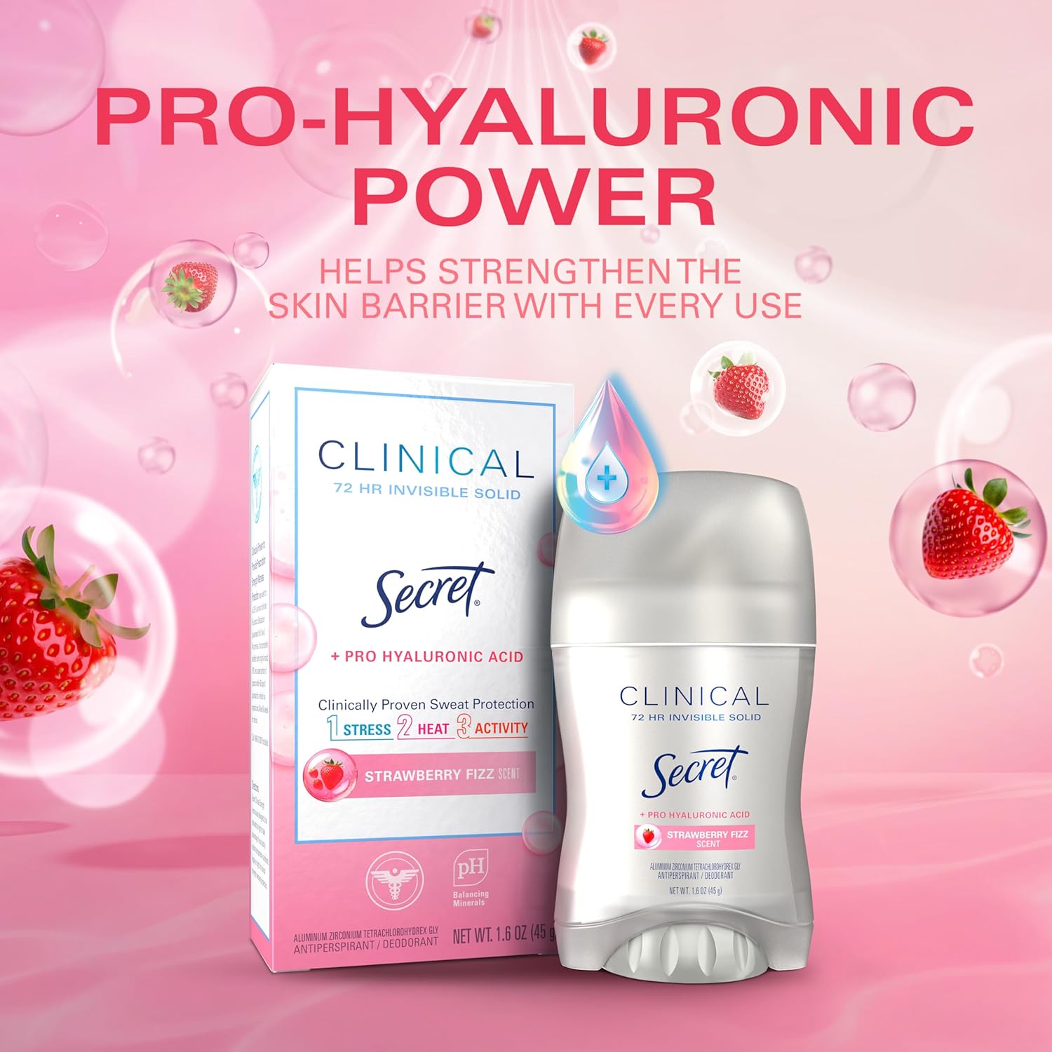 Secret Clinical Strength Antiperspirant Deodorant for Women, 3X Stress Protection, 72hr Sweat & Odor Protection, Pro-Hyaluronic Acid, Invisible Solid, Strawberry Summer Fizz Scent, 1.6 oz - Image 5