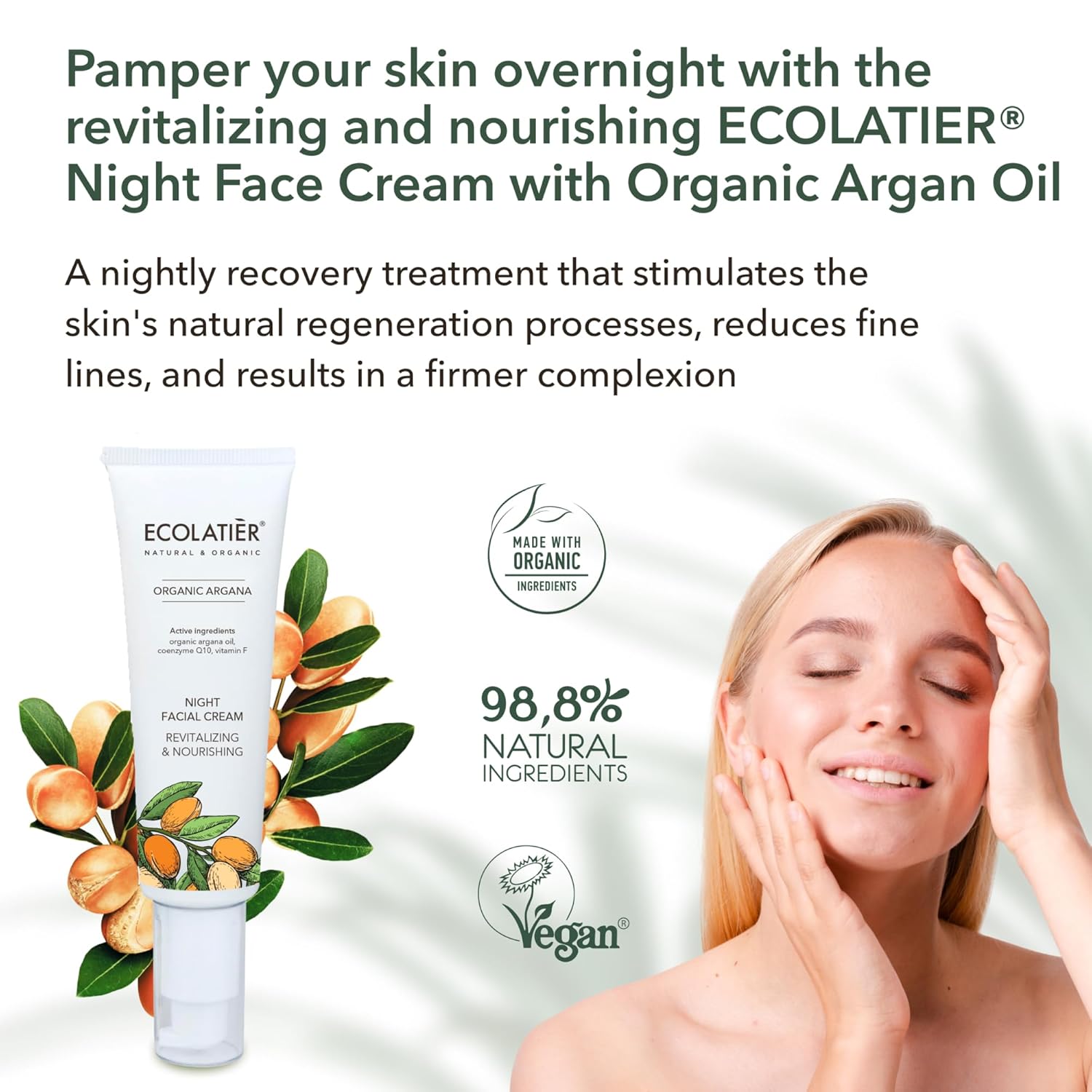 Night Cream with Organic Argan Oil – Revitalizing & Nourishing, Anti-Aging Face Moisturizer with Vitamin C, Vegan, 97.7% Natural Ingredients, 1.7 Fl Oz - ECOLATIER - Image 2