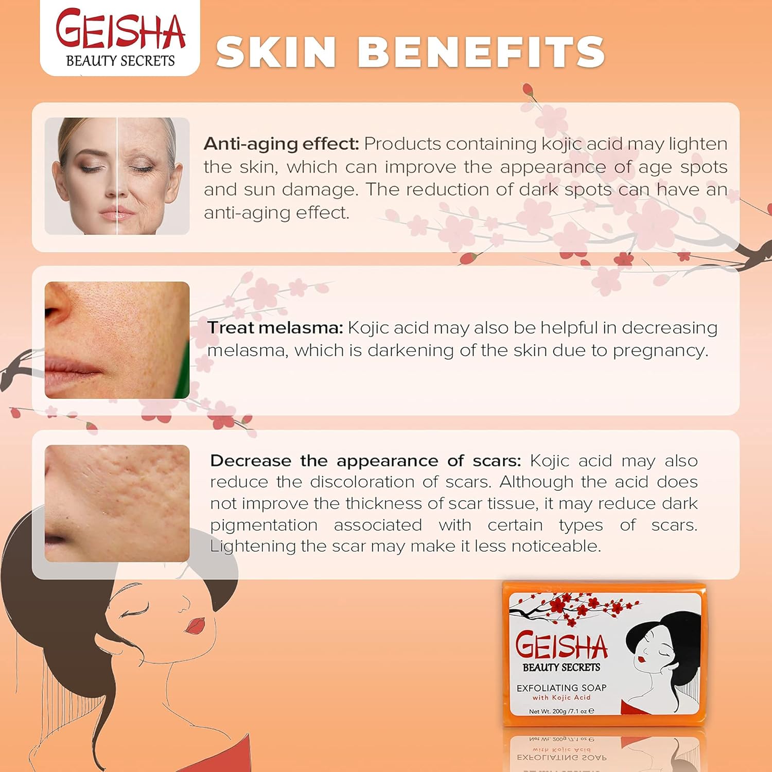 Geisha, Kojic Acid Soap - 7 oz / 200g - BIG SIZE Skin Brightening Bar, Helps to Reduce Pigmentation on: Face, Body, Hands, Knuckles, with Coconut Oil, - Image 3