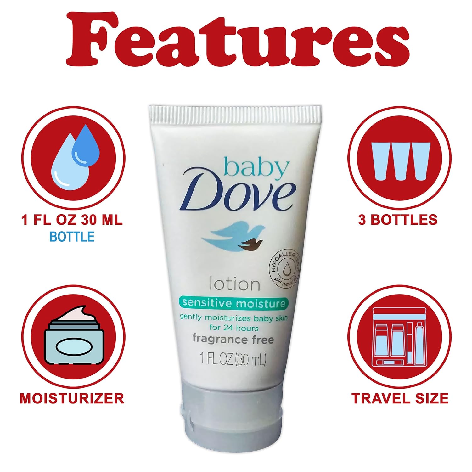 Baby Dove Sensitive Moisture Unscented Hypoallergenic Lotion 1oz Pack of 3 - Image 2