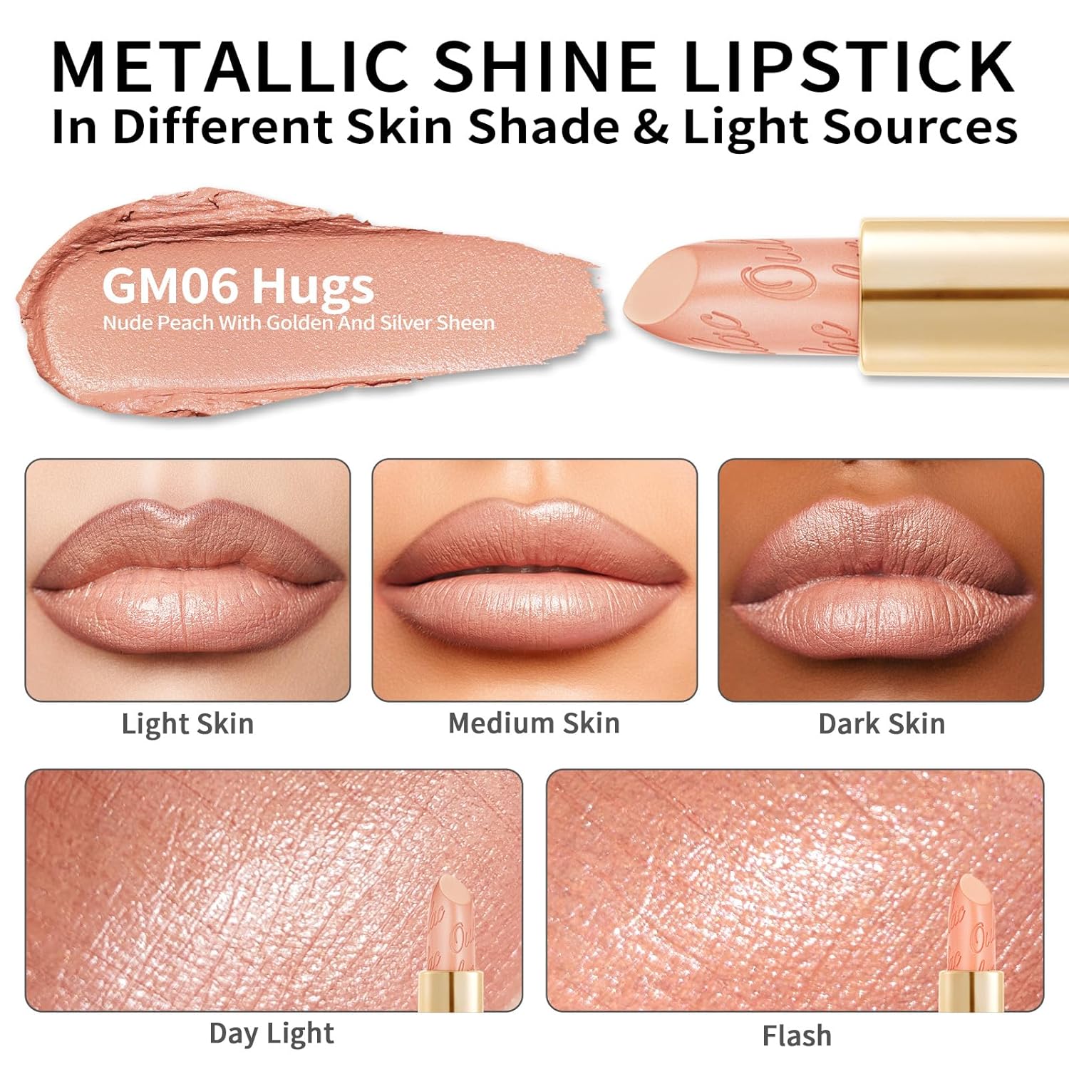 Oulac Matte Nude Peach Lipstick with Glow Metallic Finish - Vegan Lipstick for Women, Creamy Texture, Hydrating Clean Beauty Formula, High-End Magnetic Hook Design, GM06 Hugs - Image 4