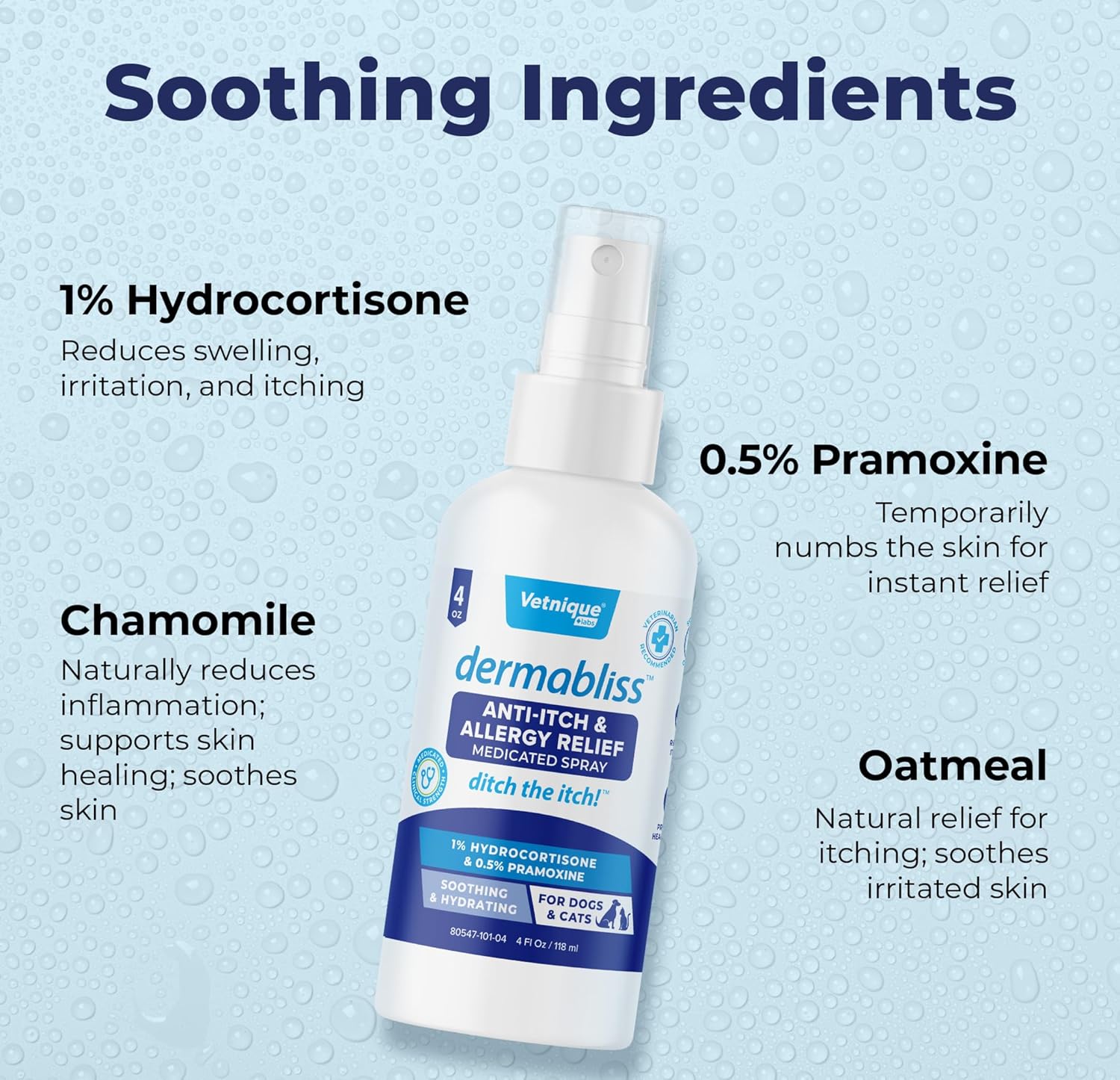 Vetnique Dermabliss Anti Itch Spray for Dogs & Cats with Hydrocortisone for Allergies and Immediate Dog Itching Skin Relief - Fragrance Free with Soothing Oat Extract (4oz) - Image 5