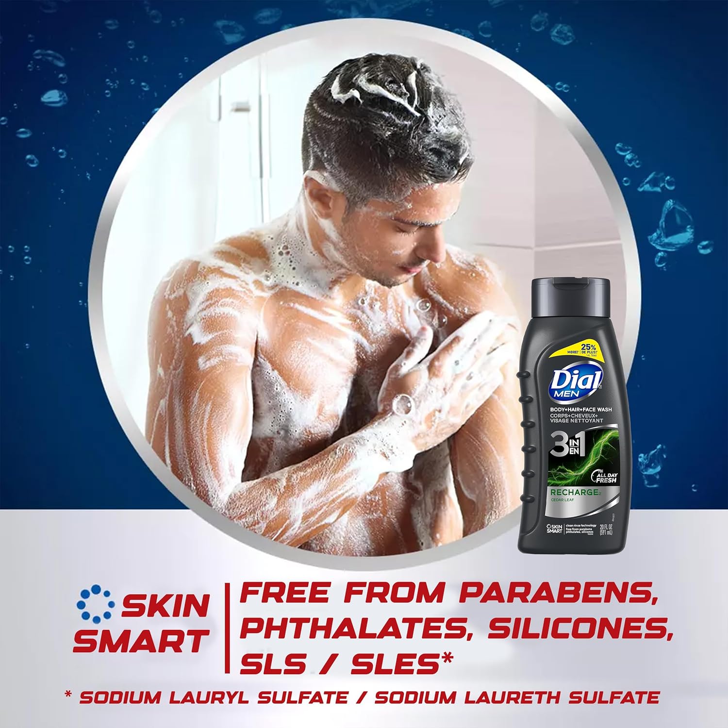Dial Men Body Wash, 3 Pack, Recharge 3-in-1 Body, Hair and Face Wash, Cedar Leaf Scent, Long Lasting All Day Fresh Body Wash for Men, 20 oz. Each - Image 5