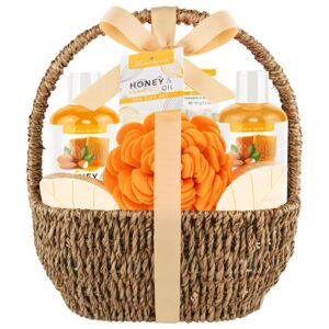 Bath Spa Gift Basket, Bath & Body Gift Set for Women & Men, Includes Shower Gel, Bubble Bath, Bath Salt, Bath Sponge, Spa Gift Box for Mother's Day, Birthday, Wedding, Honey & Almond 8pcs