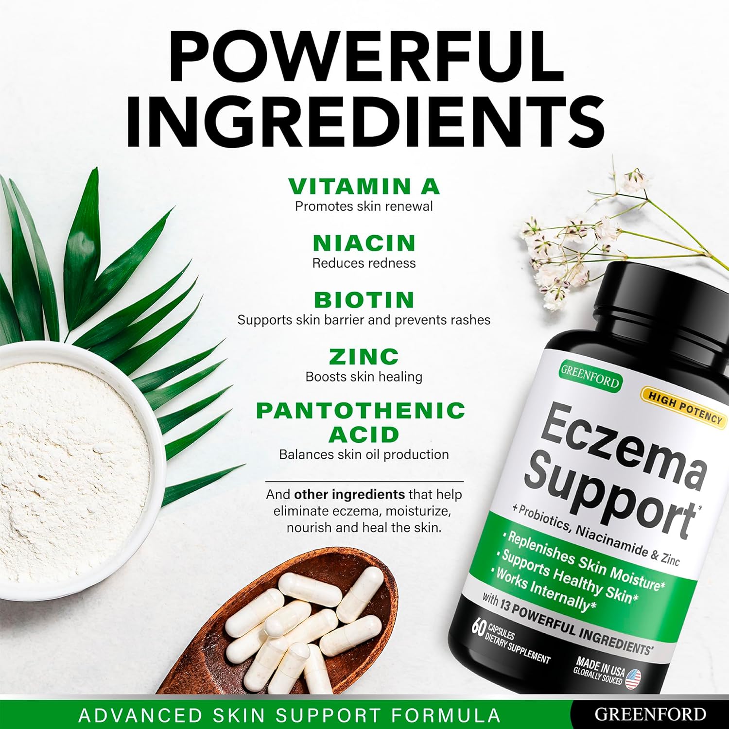 Greenford Eczema Treatment & Support for Natural Relief - Made in USA - Skin Vitamins & Herbals for Eczema, Acne, Psoriasis, Rosacea Treatment with Zinc, Niacinamide & Probiotics - 60 caps - Image 4