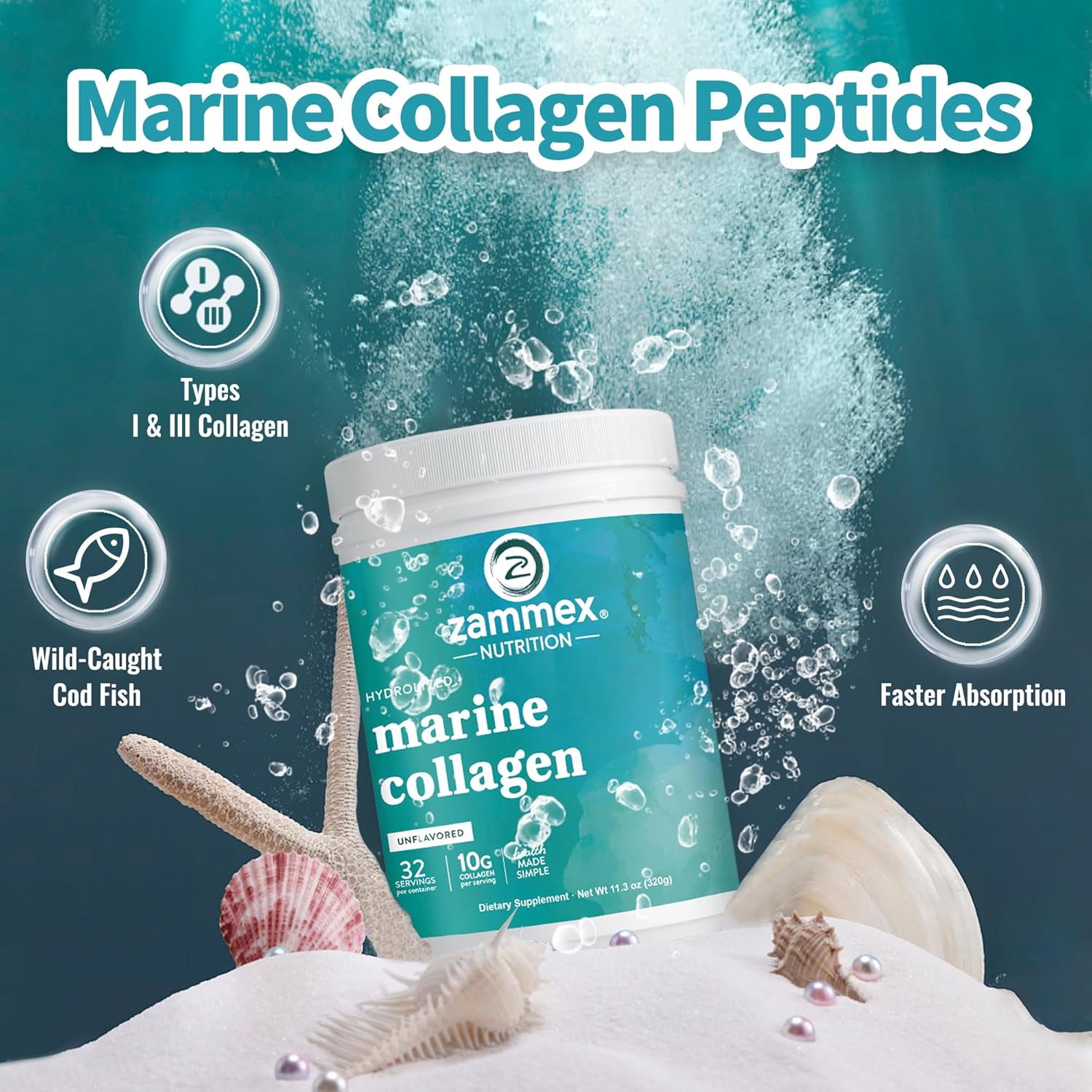Zammex Unflavored Marine Collagen Peptides Powder 32 Servings for Skin and Joints Wild-Caught Fish - Image 6