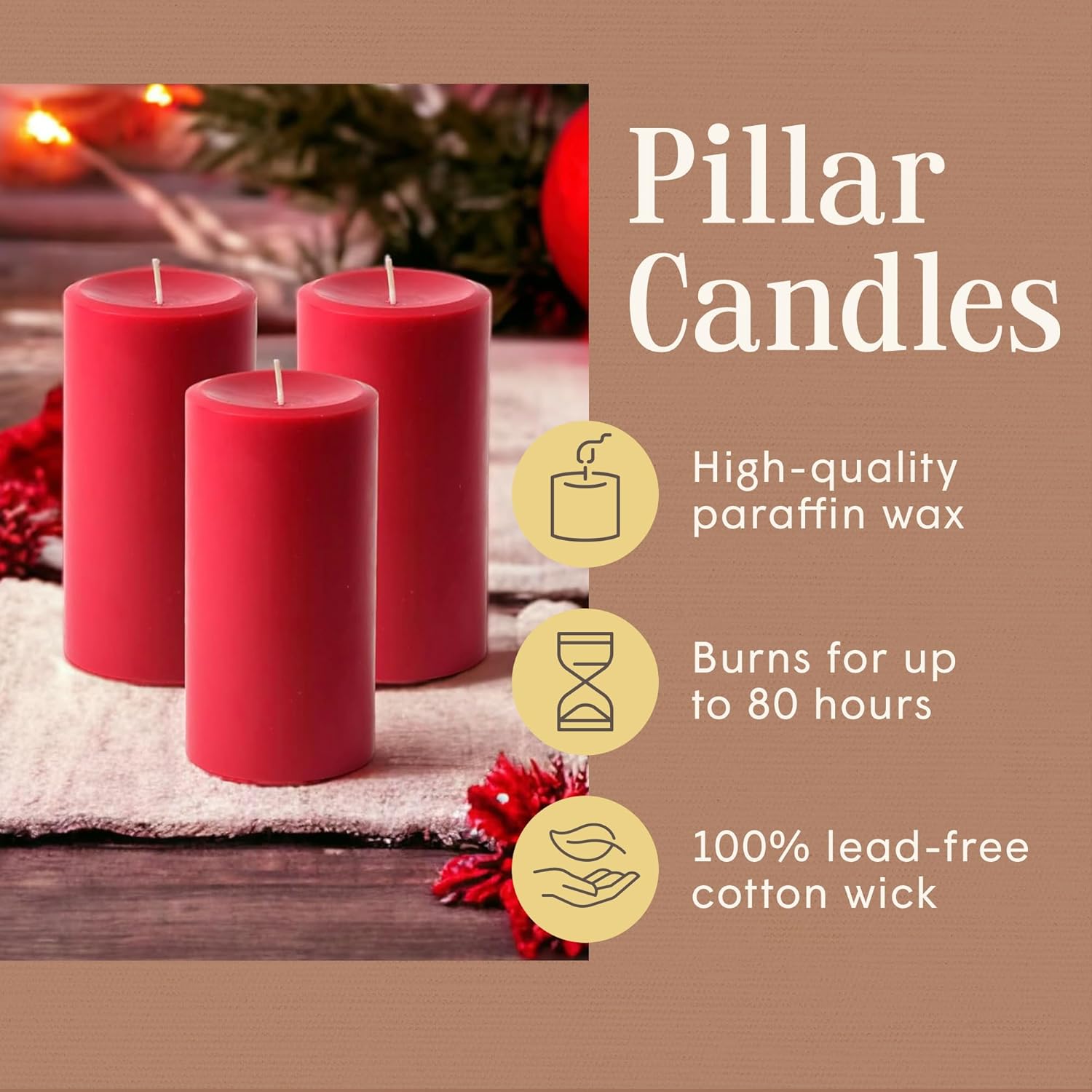 Mister Candle Red 3x6 Inch Dripless Unscented Pillar Candles Set of 3 for Home Decor 80 Hour Burn Time - Image 3