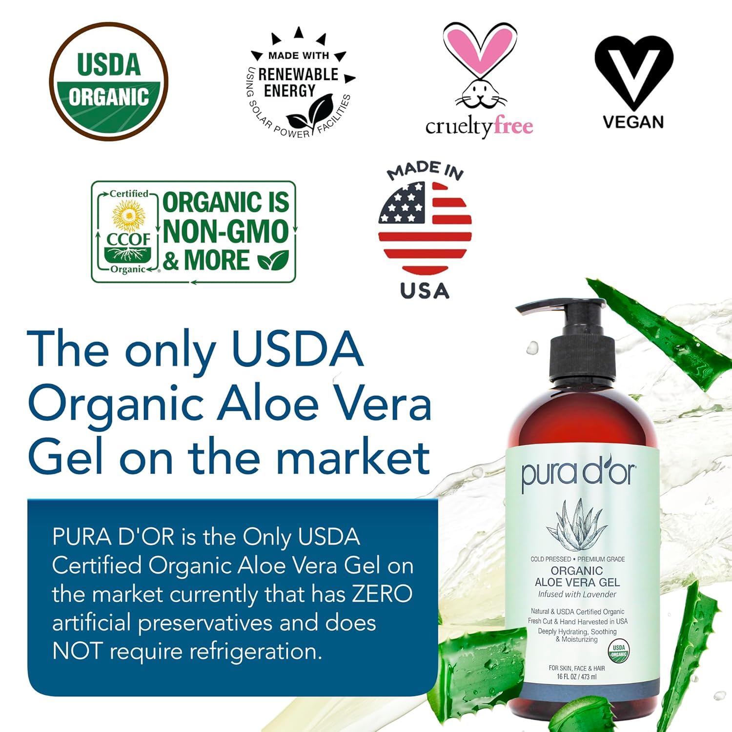 PURA D'OR 16 Oz ORGANIC Aloe Vera Gel - Lavender - All Natural - ZERO Artificial Preservatives - Deeply Hydrating & Moisturizing - Sunburn, Bug Bites, Rashes, Small Cuts, Eczema Relief - Skin & Hair - Image 2