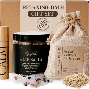 Relaxing Bath Gift Set, Luxury Spa Gifts for Women, Self Care Products for Women and Men, Calm Essential Oil Roller, Oatmeal Lavender Bath Soak & Epsom Salts with Essential Oils