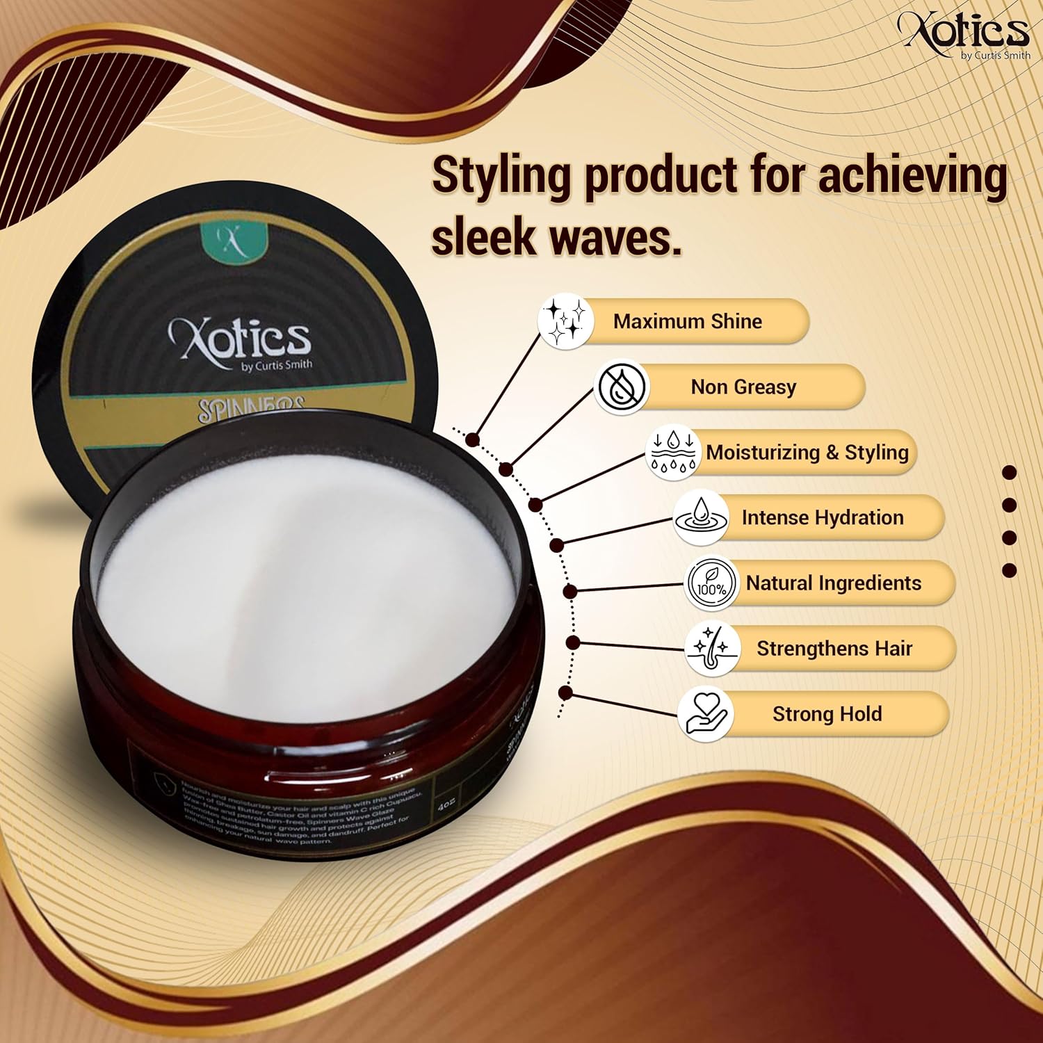 Xotics Spinners Wave Grease for Men & Women 4oz - All Natural, 100% Pure Organic Pomade 360 Waves Hair Cream Shea Butter Strong Hold Silky Shine - Image 4