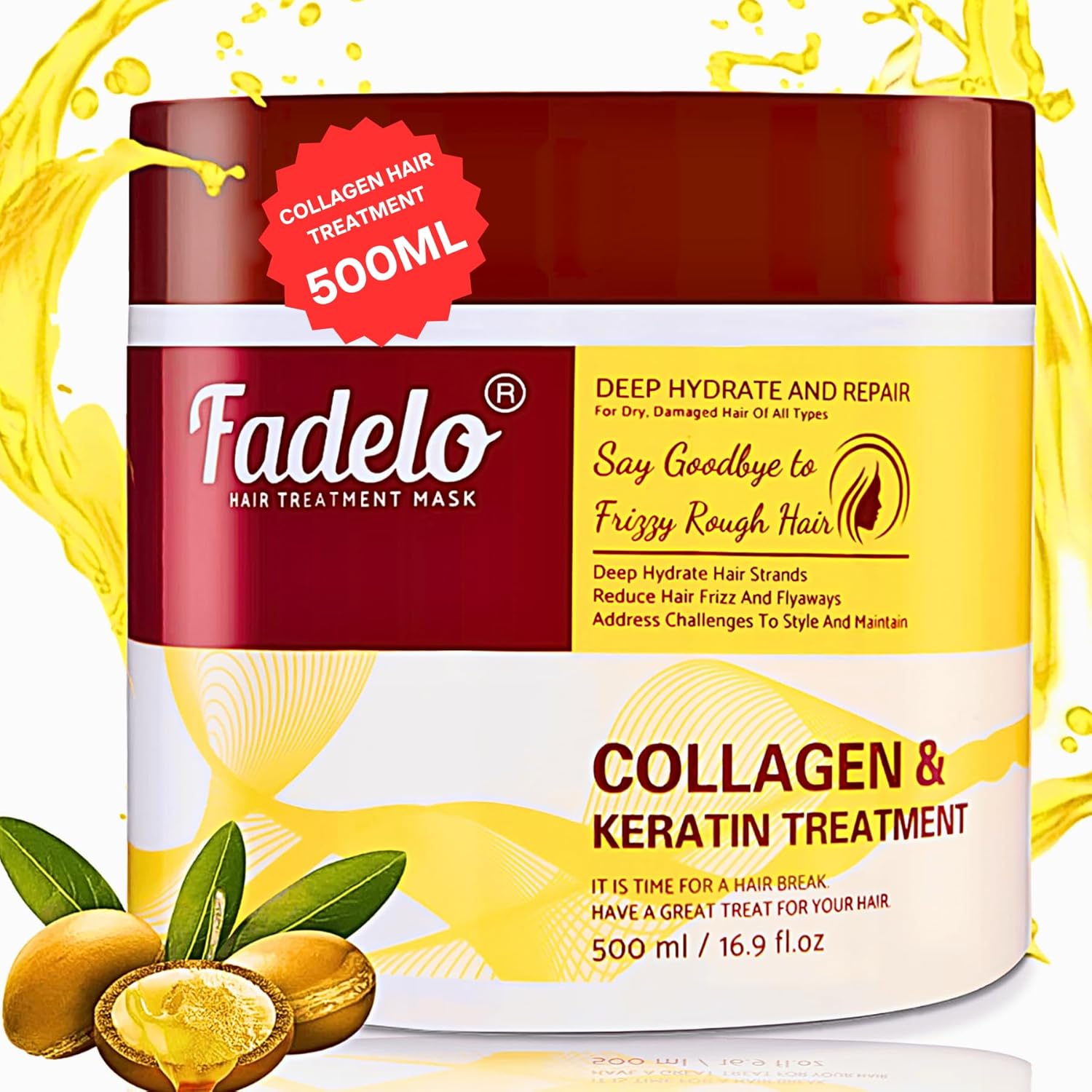 Collagen+Keratin Hair Mask - Deep Repair for Damaged Hair with Argan Oil and Vitamin E - Hydrating Treatment for Dryness and Damage-500 ml (Refreshing), Yellow (16.9 Fl Oz (Pack of 1), Floral)