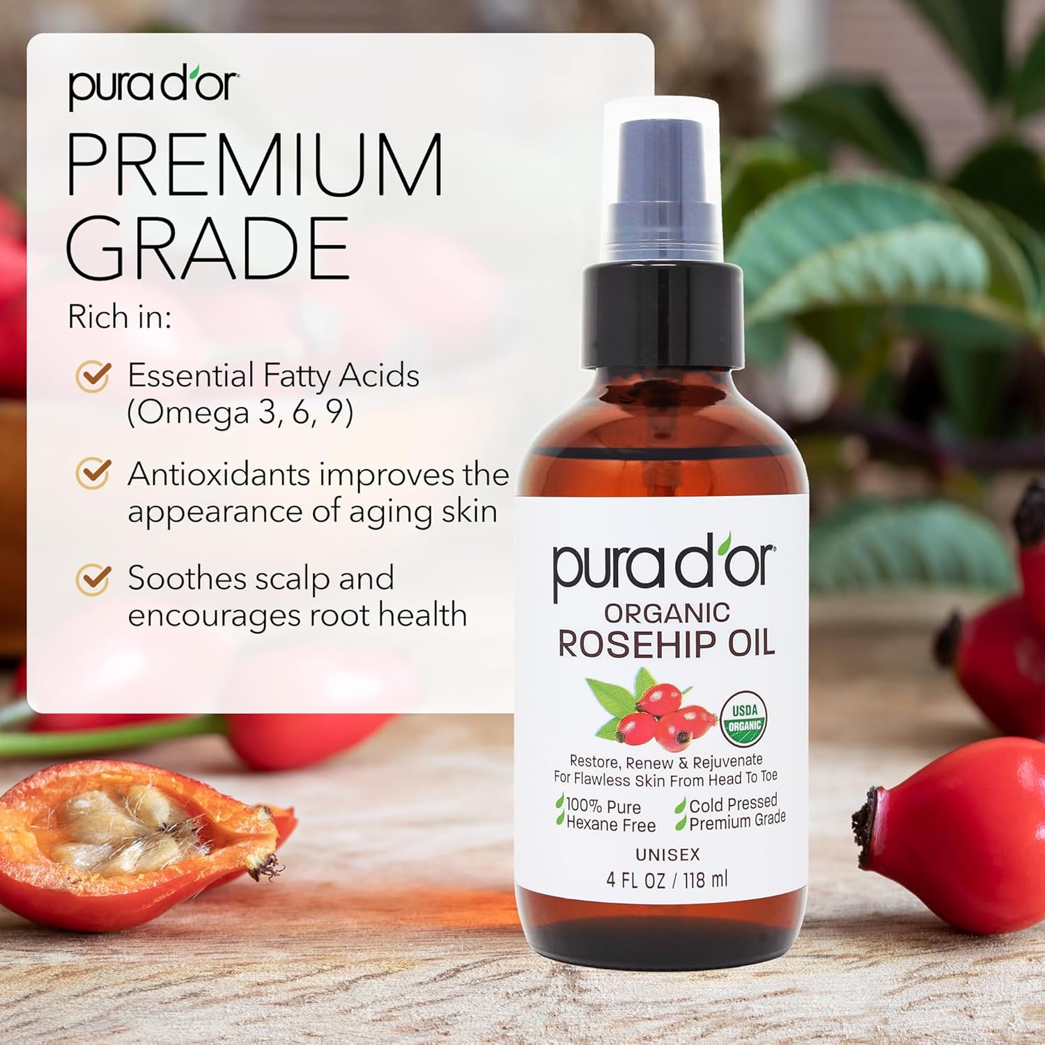 PURA D'OR 4 Oz ORGANIC Rosehip Seed Oil Hair Relaxer 100% Pure Cold Pressed USDA Certified All Natural For Anti-Aging, Scar Treatment, Face, Hair Relaxer & Skin Moisturizer - Women & Men - Image 3