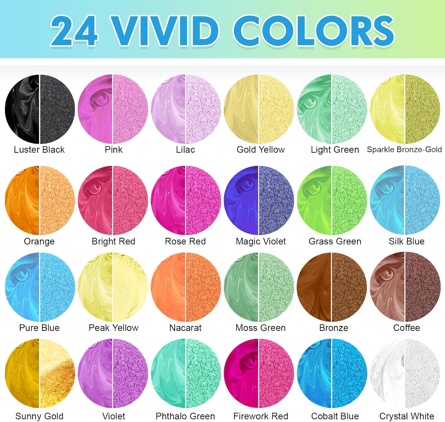 Mica Powder,24 Colors - 10g/Bottle of Natural Pigment Powder for Epoxy Resin,Soap Making,Candle Making,Lip Gloss,Car Freshies,Dye,Nail Polish,Bath Bombs - Image 3
