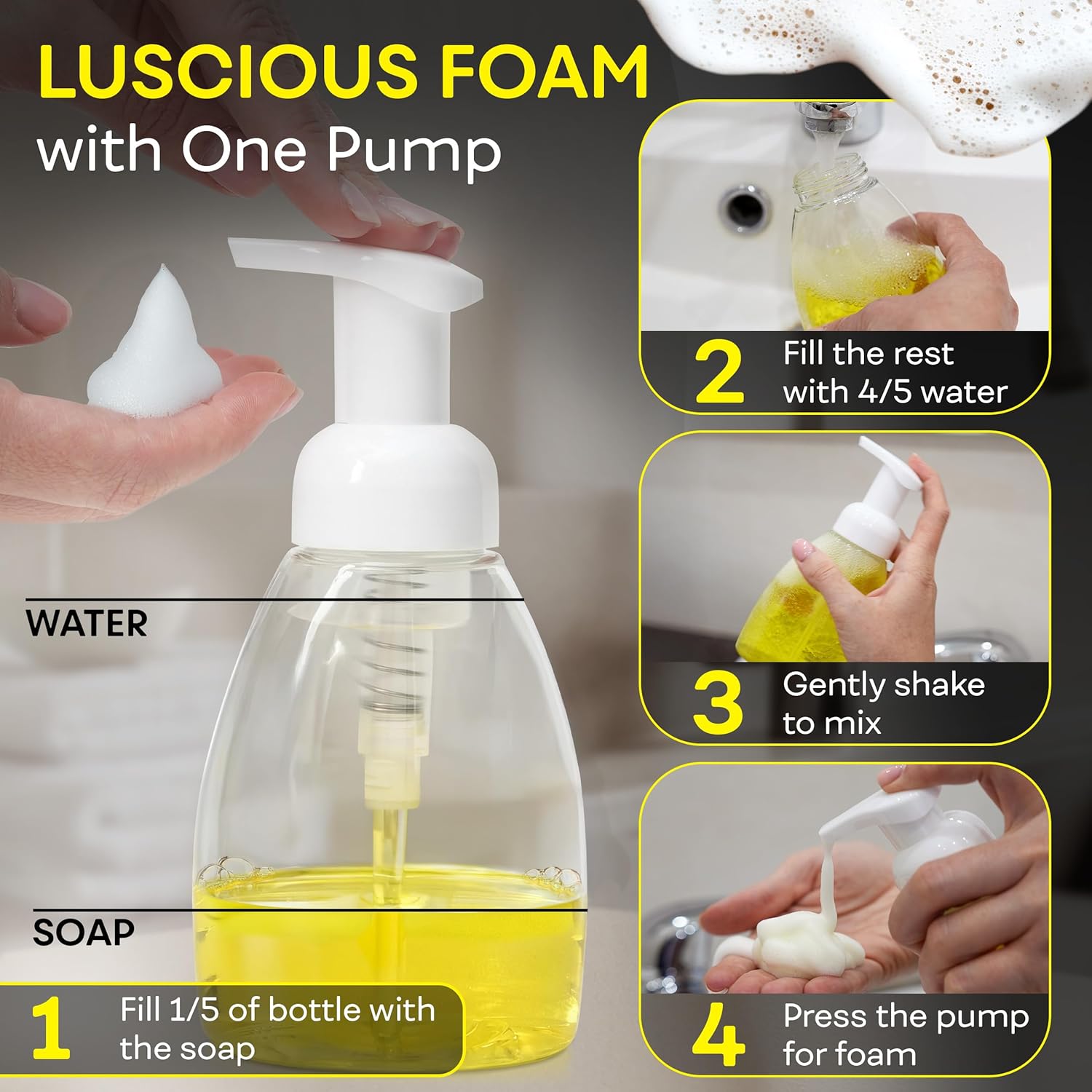 BRIGHTFROM 8oz Clear BPA Free Foaming Soap Dispenser Pump Bottles Pack of 3 - Image 5