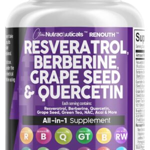 Clean Resveratrol Supplement | Berberine Grape Seed Extract Quercetin Green Tea Extract Acai Noni Polyphenol Supplement for Women & Men Anti Aging N-Acetyl Cysteine NAD Booster