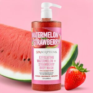 Spascriptions Exfoliating Watermelon+Strawberry Body Wash with Coconut, Body Scrub to Refresh, Rejuvente, Replenish Skin, Nourishing Body Care for Women and Men, Cruelty Free, Great Experiance 32 oz.