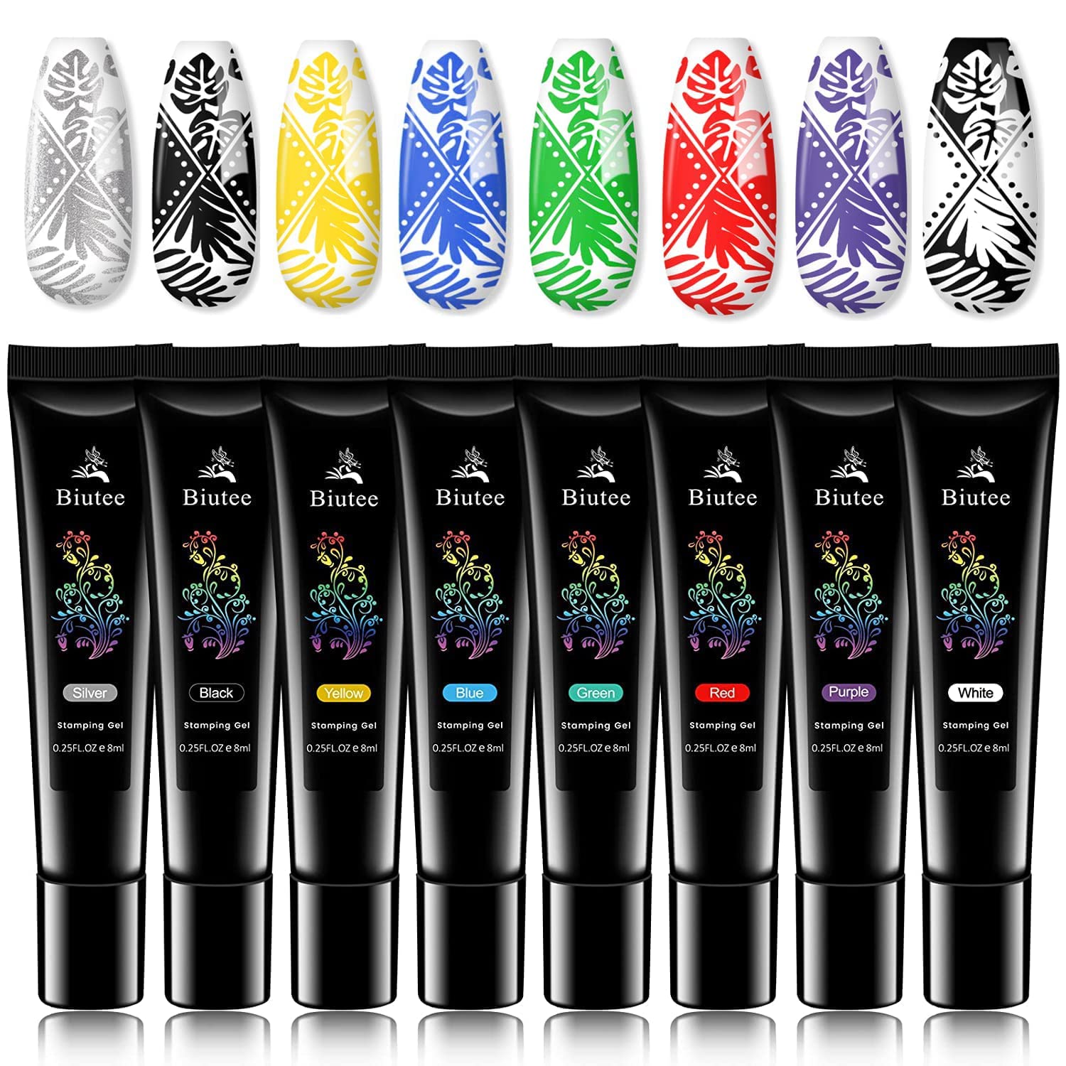 Nail Stamping Gel Polish, 8 Colors Stamping Polish Red Black White Purple Blue Silver Soak Off Printed Polish UV Stamp Nail Polish for Nail Stamp Plate Stamper DIY Nail Art Design - Image 8