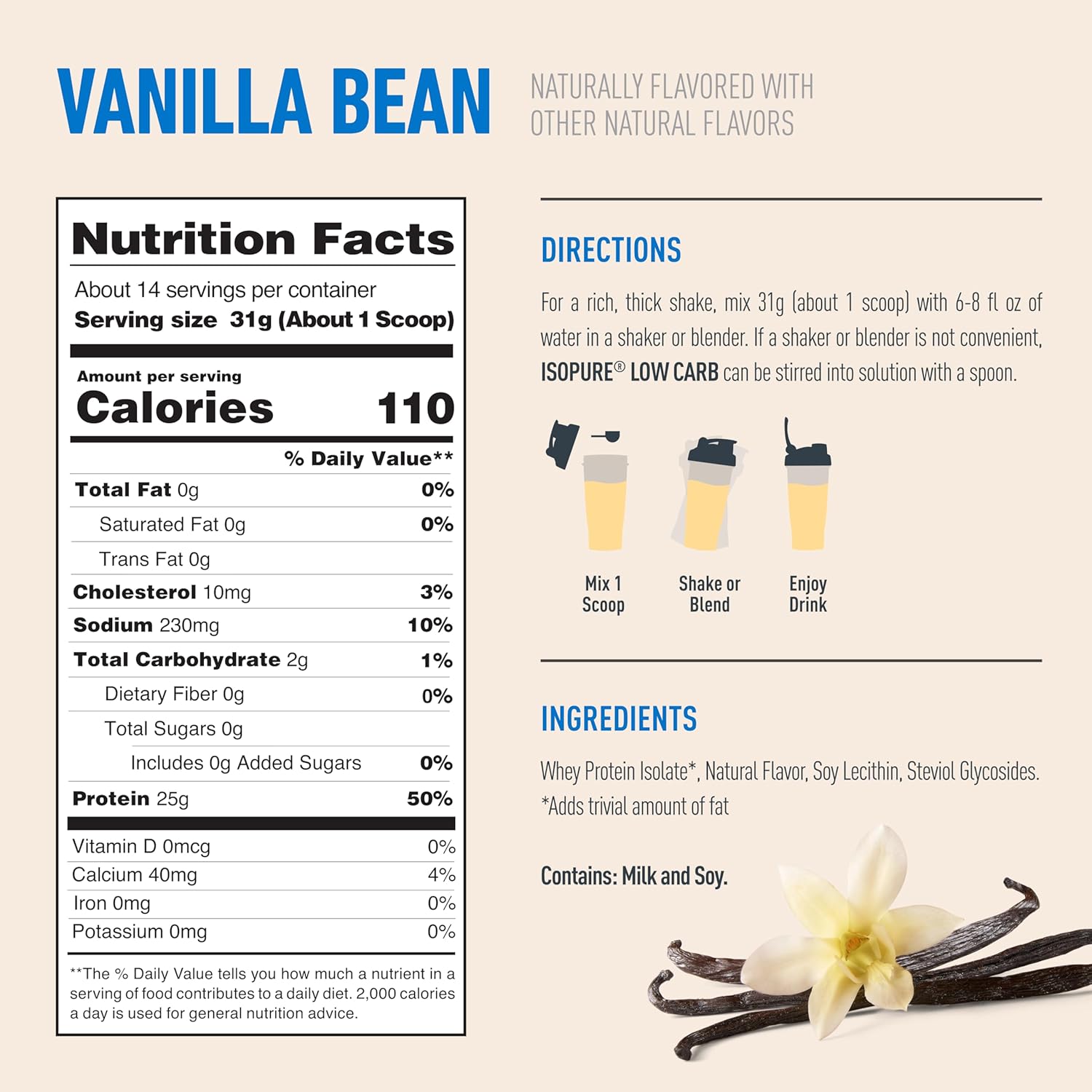 Isopure Vanilla Bean Low Carb Whey Protein Isolate Powder 1 Lb 14 Servings 25g Protein Lactose Free Gluten Free - Image 3