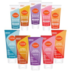 Lume Acidified Body Wash 5 Pack Minis and Whole Body Deodorant 5 Pack Sampler - 24 Hour Odor Control - Moisturizing Formulated Without SLS & Parabens - Invisible Cream Minis - Aluminum Free
