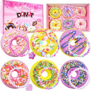 6 Pieces Donut Bath Bombs Gift Set for Kids - Scented Spa Bath Ball Fizzies with Surprise Bracelets Inside, Essential Oils, Moisturizing Bath Treats, Doughnut Princess Party Favors for Girls Women