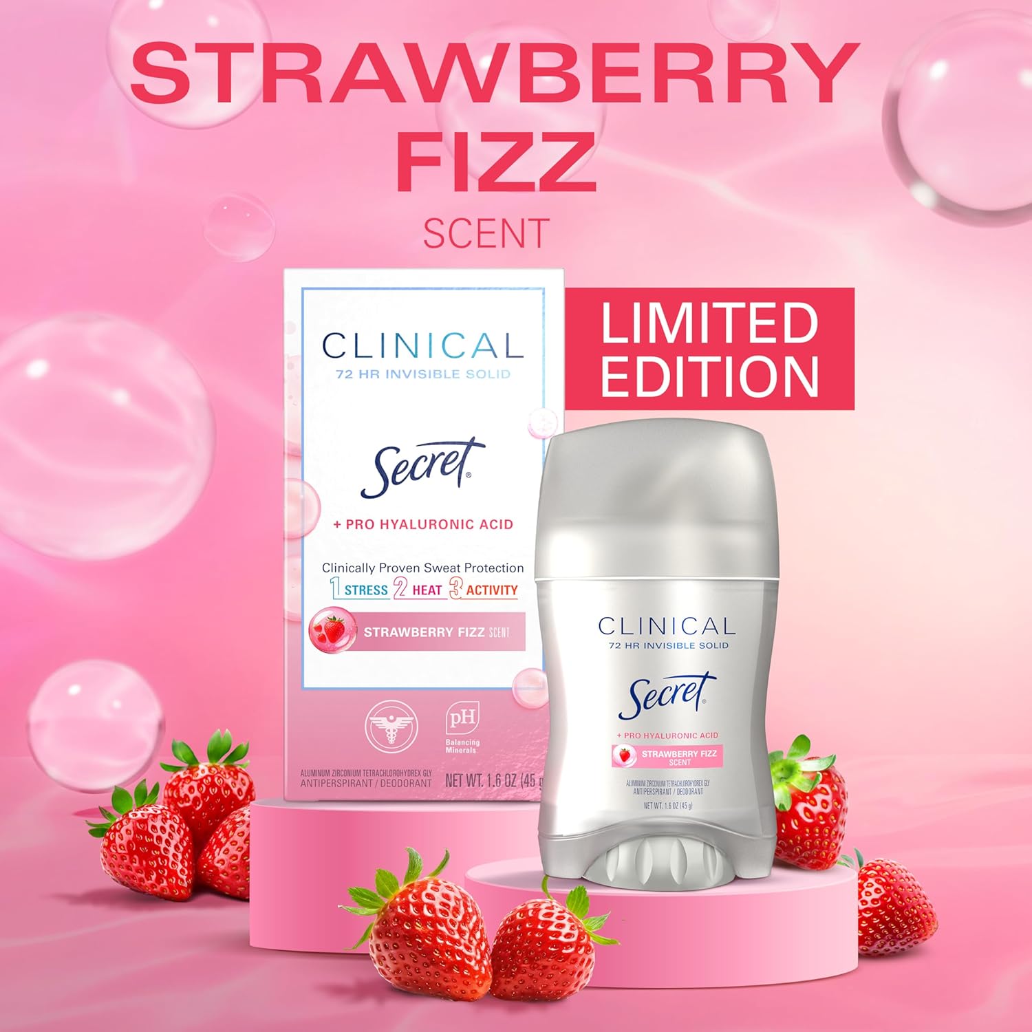 Secret Clinical Strength Antiperspirant Deodorant for Women, 3X Stress Protection, 72hr Sweat & Odor Protection, Pro-Hyaluronic Acid, Invisible Solid, Strawberry Summer Fizz Scent, 1.6 oz - Image 3