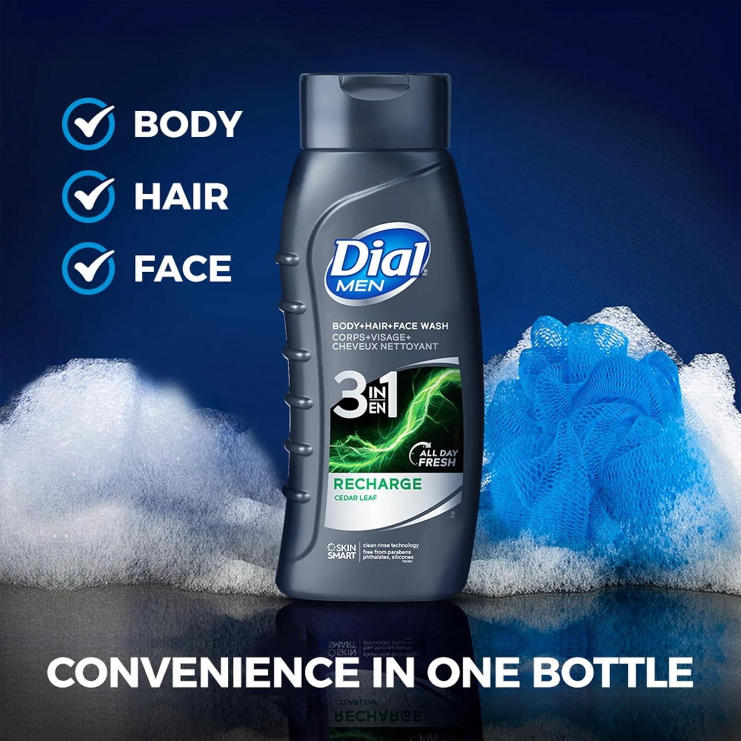 Dial Men Body Wash, 3 Pack, Recharge 3-in-1 Body, Hair and Face Wash, Cedar Leaf Scent, Long Lasting All Day Fresh Body Wash for Men, 20 oz. Each - Image 7