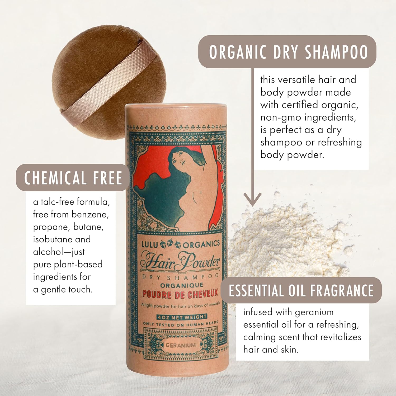 Non Aerosol Dry Shampoo Powder for Dark, Blonde and Oily Hair, All Natural Organic Hair and Body Powder, Paraben &Talc free No White Cast Synthetic Fragrance, Geranium - 4oz - Image 2