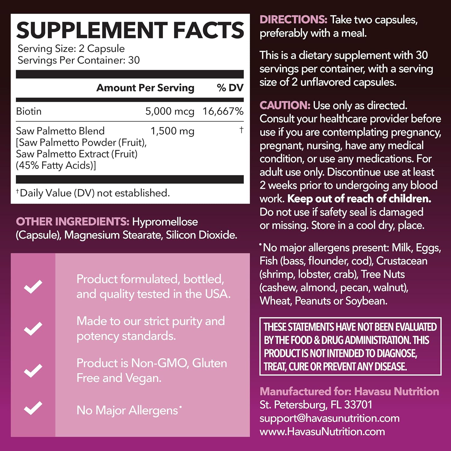 Saw Palmetto for Women with Biotin 5000mcg - Powerful DHT Blocker to Support Hair, Skin, and Nail Health - 60 Count - Vegan, Non-GMO Vitamin for Stronger, Fuller Looking Locks - 1 Month Supply - Image 2