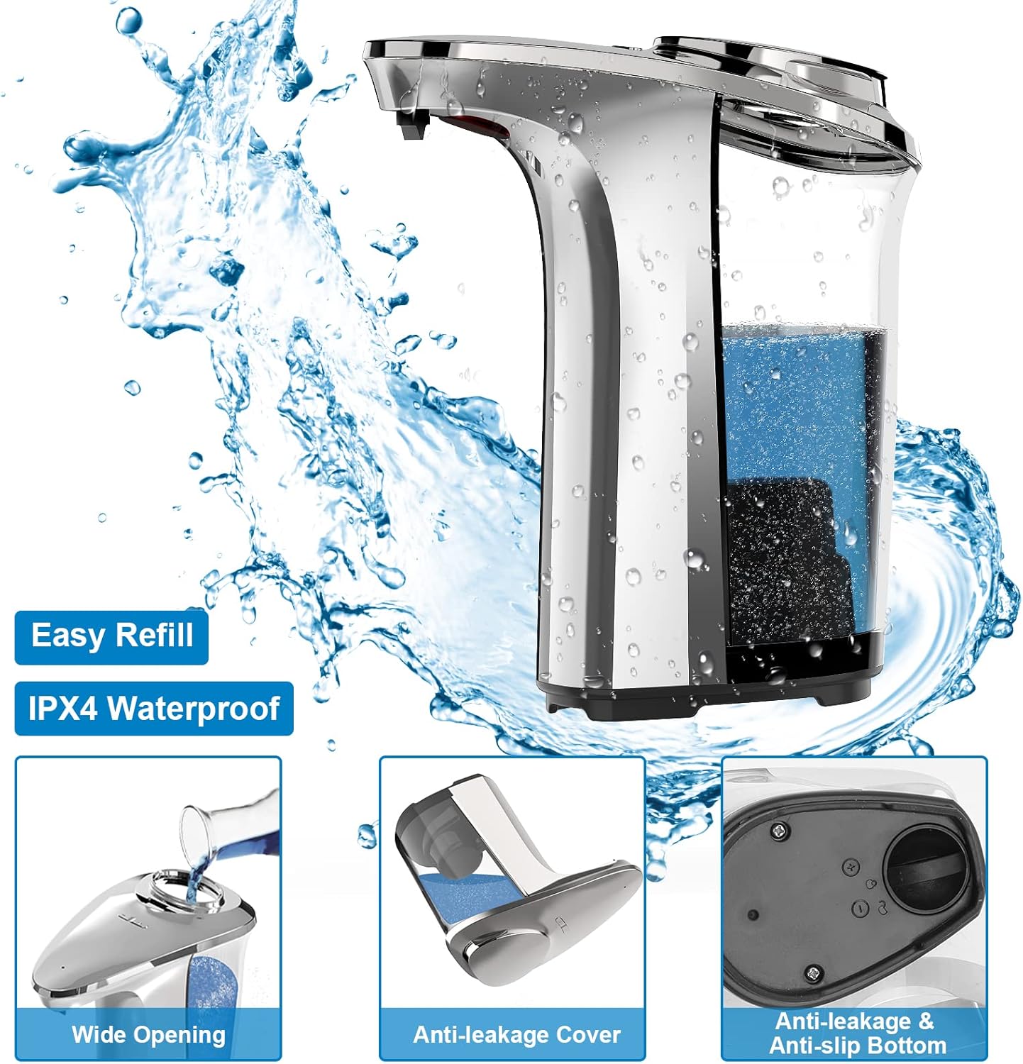Automatic Soap Dispenser, Touchless Dish Soap Dispenser 17oz/500ml with Infrared Sensor, 5 Adjustable Soap Levels, Liquid Dispenser for Bathroom Kitchen (Silver) - Image 5