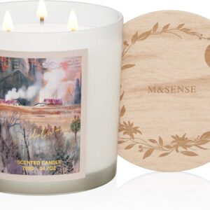 M&SENSE Large-Sized 3 Wick Sandalwood Winter Scented Candle, 24.7oz Soy Wax with Wooden Lid | 120 Hours Long Lasting Burn, Natural Candle Gift for Home Fragrance
