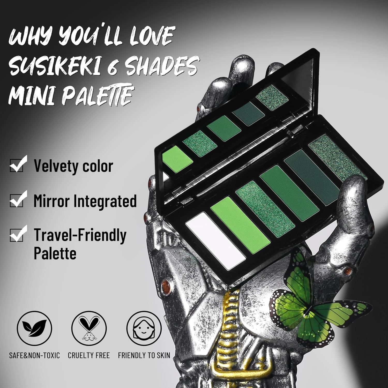 Matte & Shimmer Green Eyeshadow Palette with Mirror 6 Pigmented Colors - Image 2