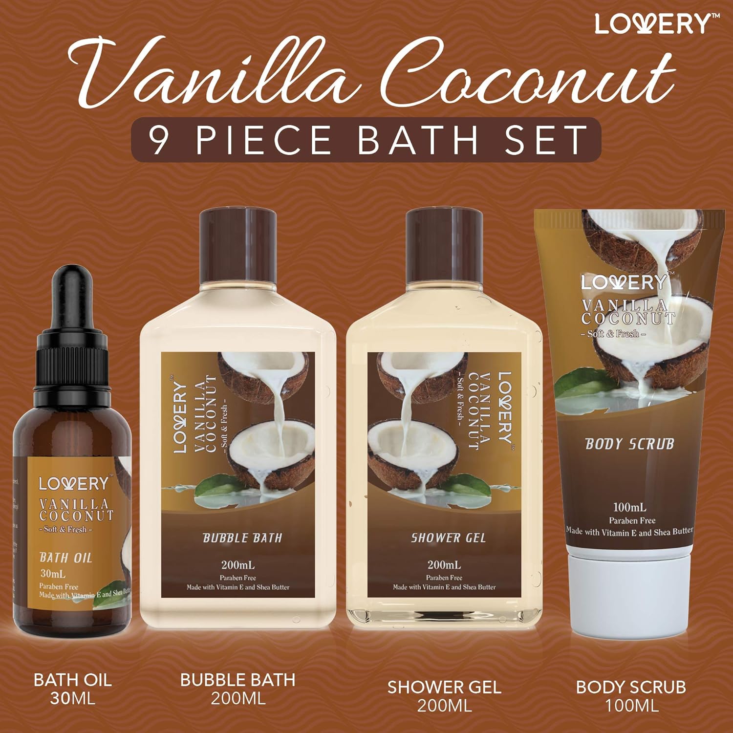 Vanilla Coconut Home Spa Set for Women and Men – 9 Piece Luxury Bath Gift Basket with Lotions, Extra Large Bath Bombs, Coconut Oil, Towel - Image 2