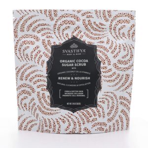 SVASTHYA BODY & MIND Organic Cocoa Sugar Scrub - Renew, Exfoliate, Moisturize & Nourish Skin, Increases Collagen for Glowing Skin, Vitamin E, Almond Coconut Oil - VEGAN, Made In The USA, 20 oz