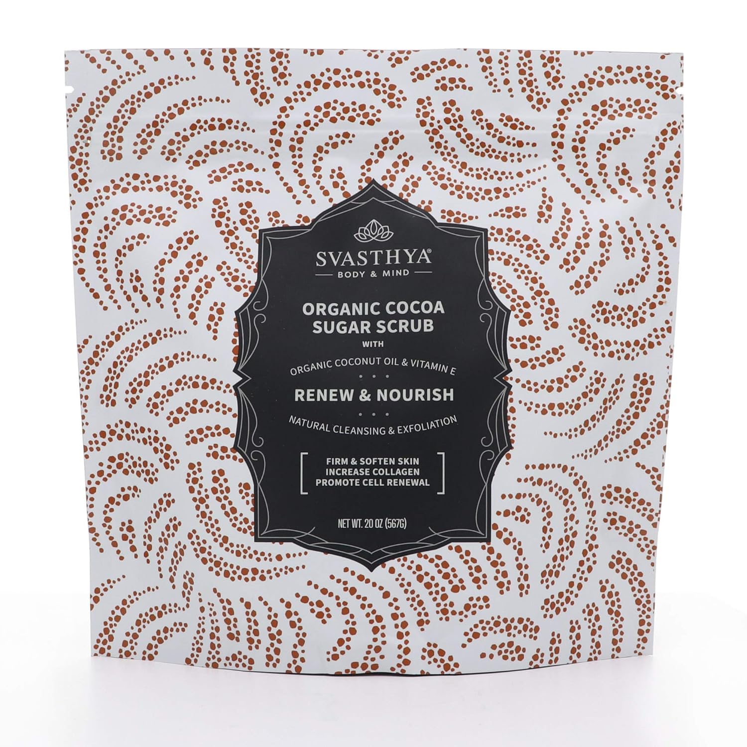 SVASTHYA BODY & MIND Organic Cocoa Sugar Scrub - Renew, Exfoliate, Moisturize & Nourish Skin, Increases Collagen for Glowing Skin, Vitamin E, Almond Coconut Oil - VEGAN, Made In The USA, 20 oz