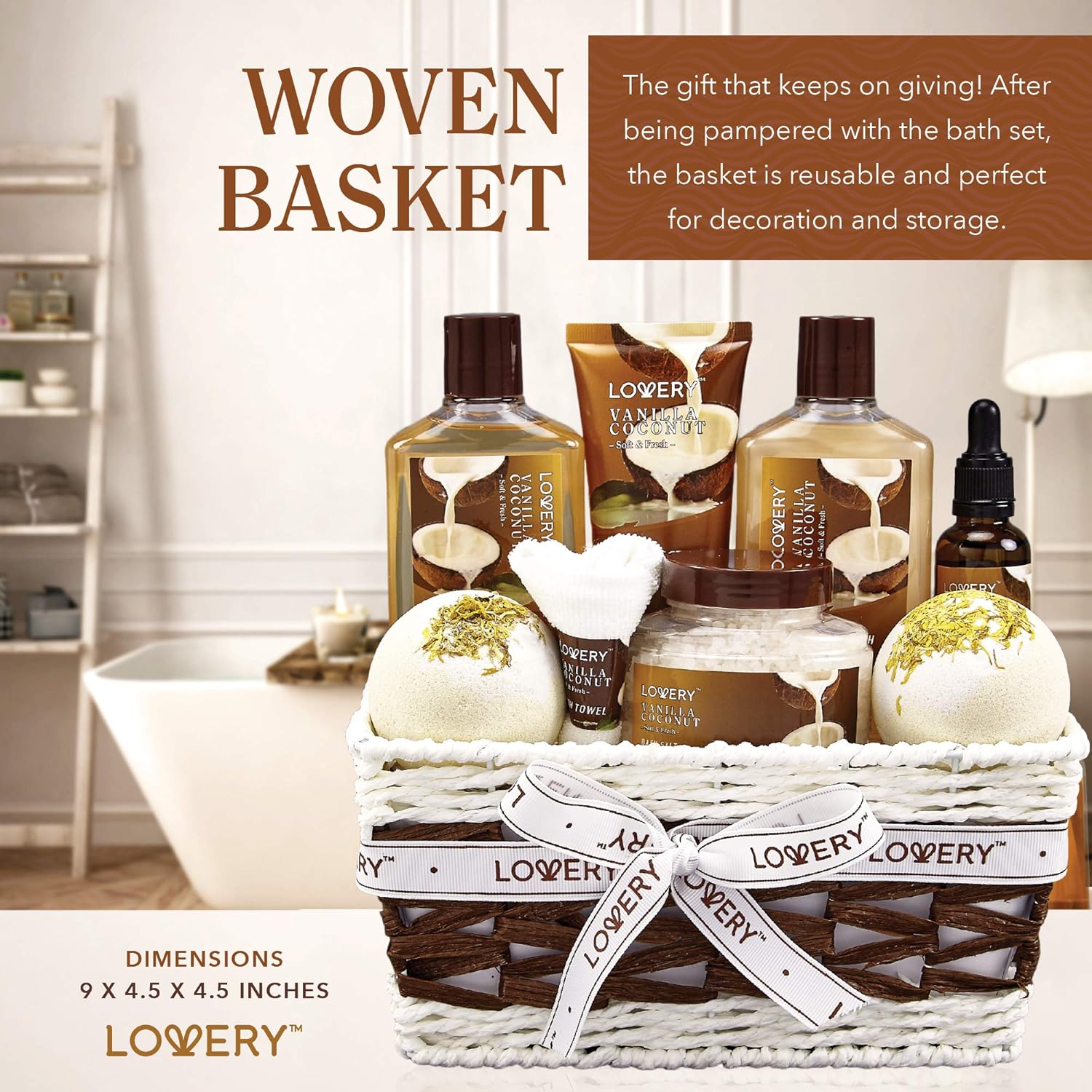 Vanilla Coconut Home Spa Set for Women and Men – 9 Piece Luxury Bath Gift Basket with Lotions, Extra Large Bath Bombs, Coconut Oil, Towel - Image 9
