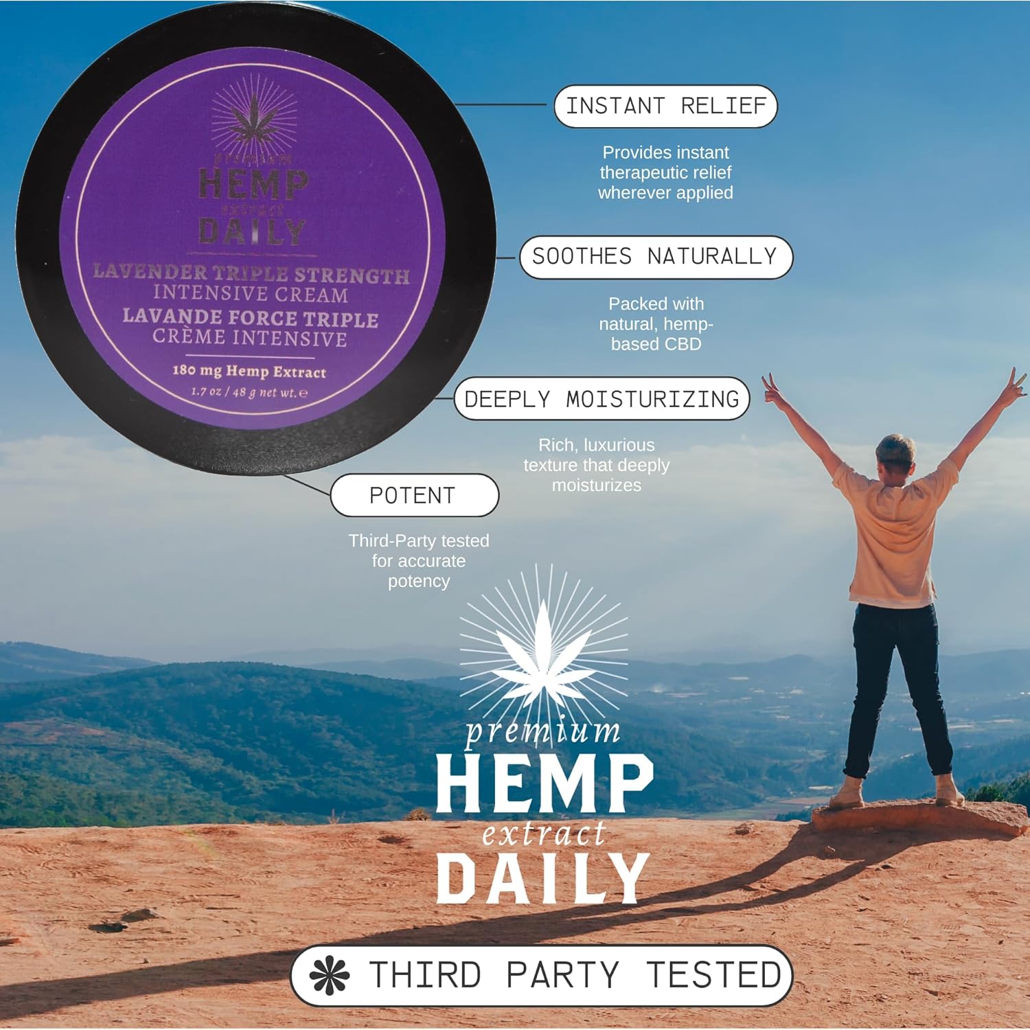 Premium Hemp Extract Daily Triple Strength Intensive Cream - Topical Muscle, Knees, Joints, Back, Neck and Shoulder Rub - Organic Ingredients - 1.7 Ounces (Lavender, Pack of 1) - Image 4