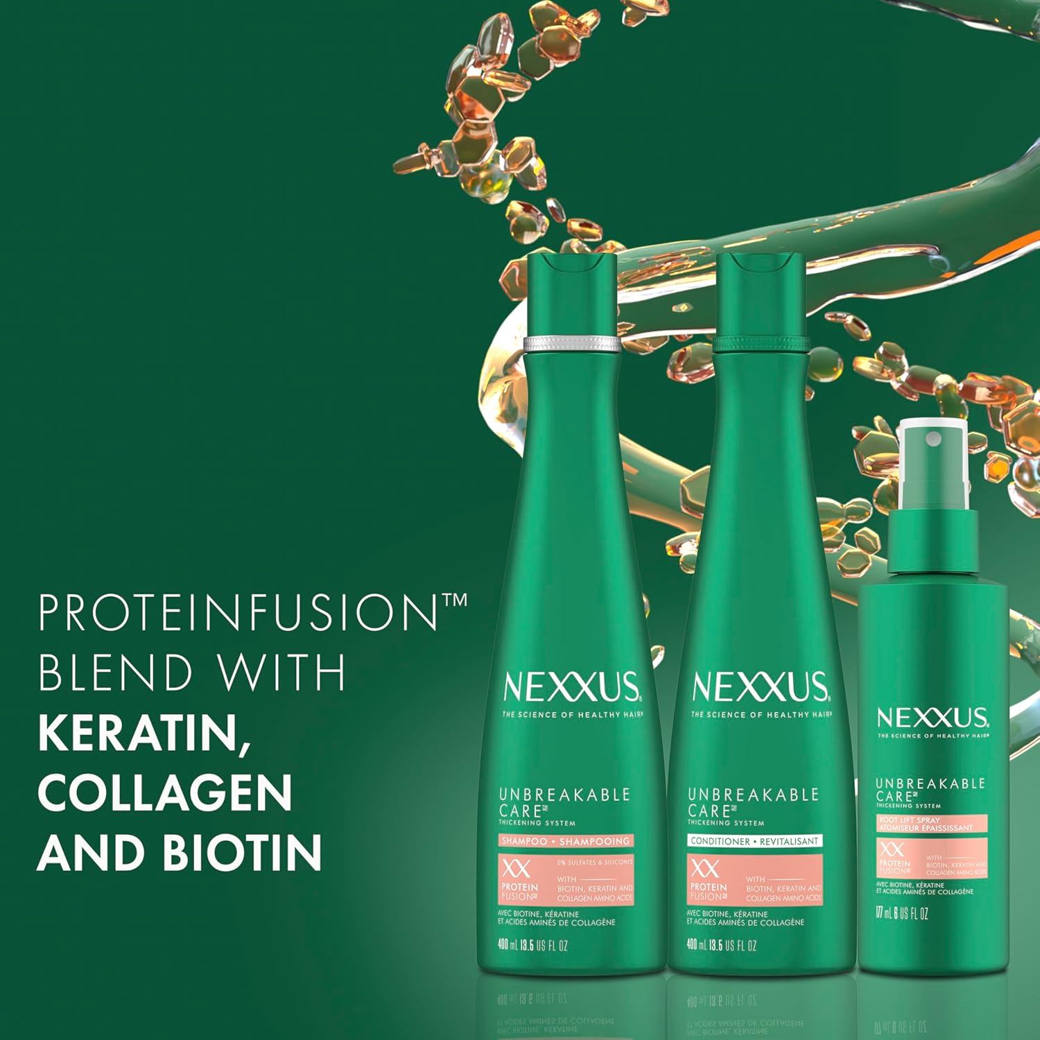Nexxus Unbreakable Care Shampoo Conditioner and Leave-In Spray 3 Pack For Fine and Thin Hair with Keratin Collagen Biotin 13.5 oz 6 oz - Image 3