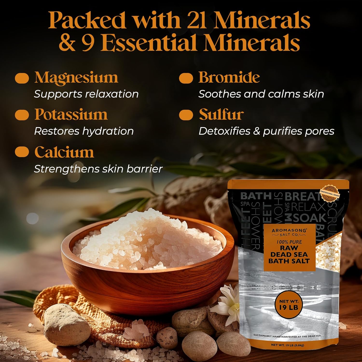 Aromasong 19 Lbs Raw Dead Sea Salt Not Cleaned - Still Contains All Dead Sea Minerals Including Dead sea Mud - Fine Medium Grain Bath Salt Large resealable Bulk Pack (Packaging May Vary) - Image 4