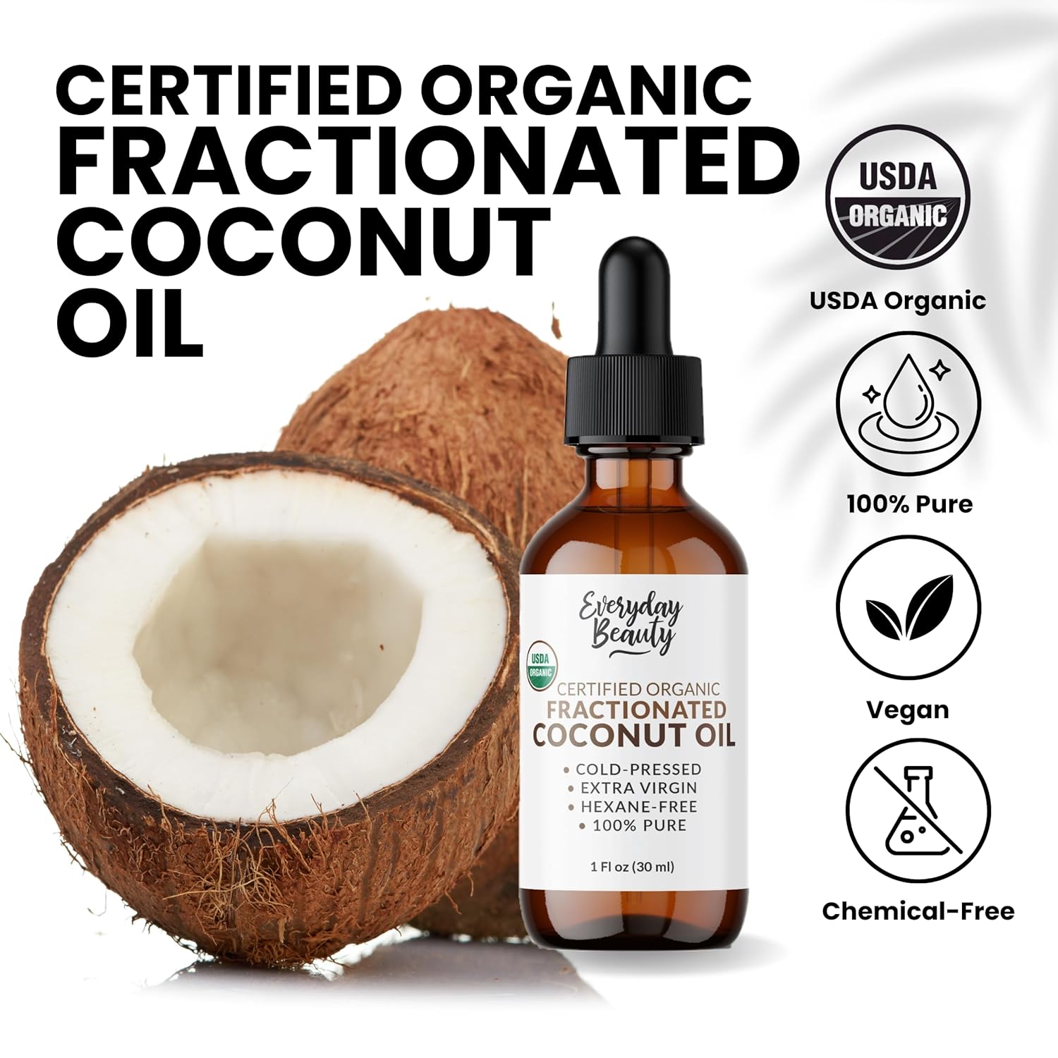 Organic Fractionated Coconut Oil | 100% Pure, Cold-Pressed | USDA Certified Organic | Amber Glass Bottle with Glass Dropper | For Face, Skin, & Hair - 1 Fl Oz - Image 3