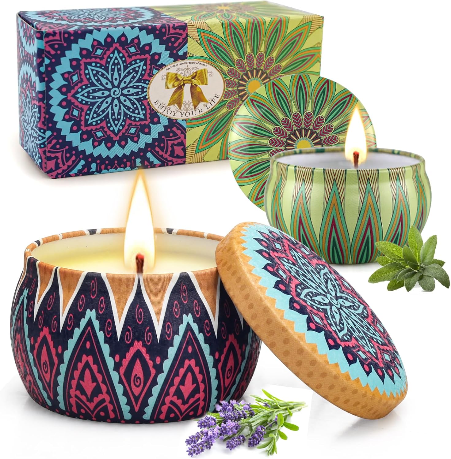 2 Pack Lavender & Sage Aromatherapy Soy Candles for Stress Relief, Relaxation - Over 50 Hours Burn Time, Home Scented, Stocking Stuffers