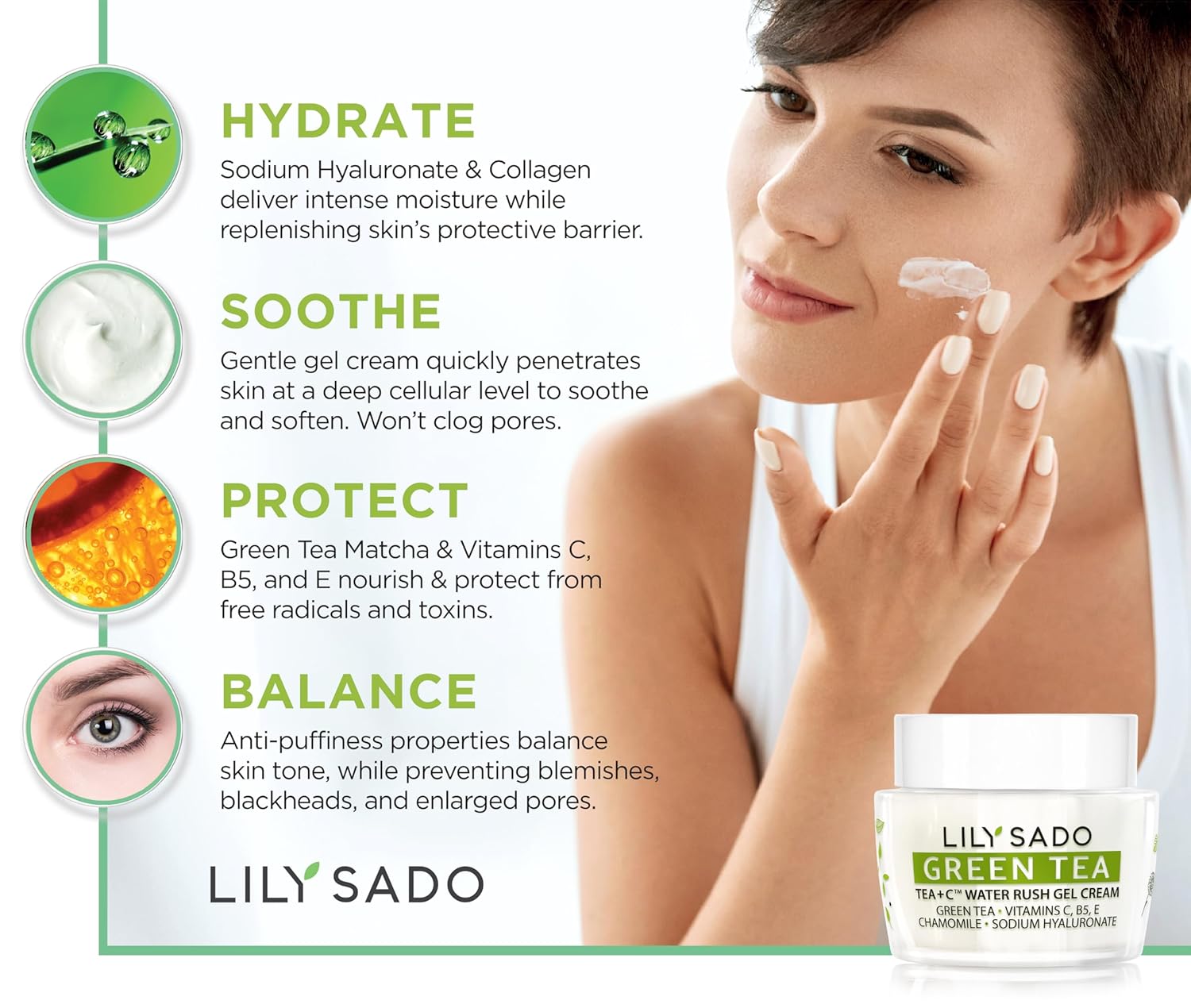 LILY SADO TEA+C Green Tea Water Rush Gel Moisturizer - Lightweight Vitamin C Anti-Wrinkle Moisturizing Lotion - Hydrates & Softens for Luscious, Radiant Skin. Perfect for Spring and Summer. - Image 2
