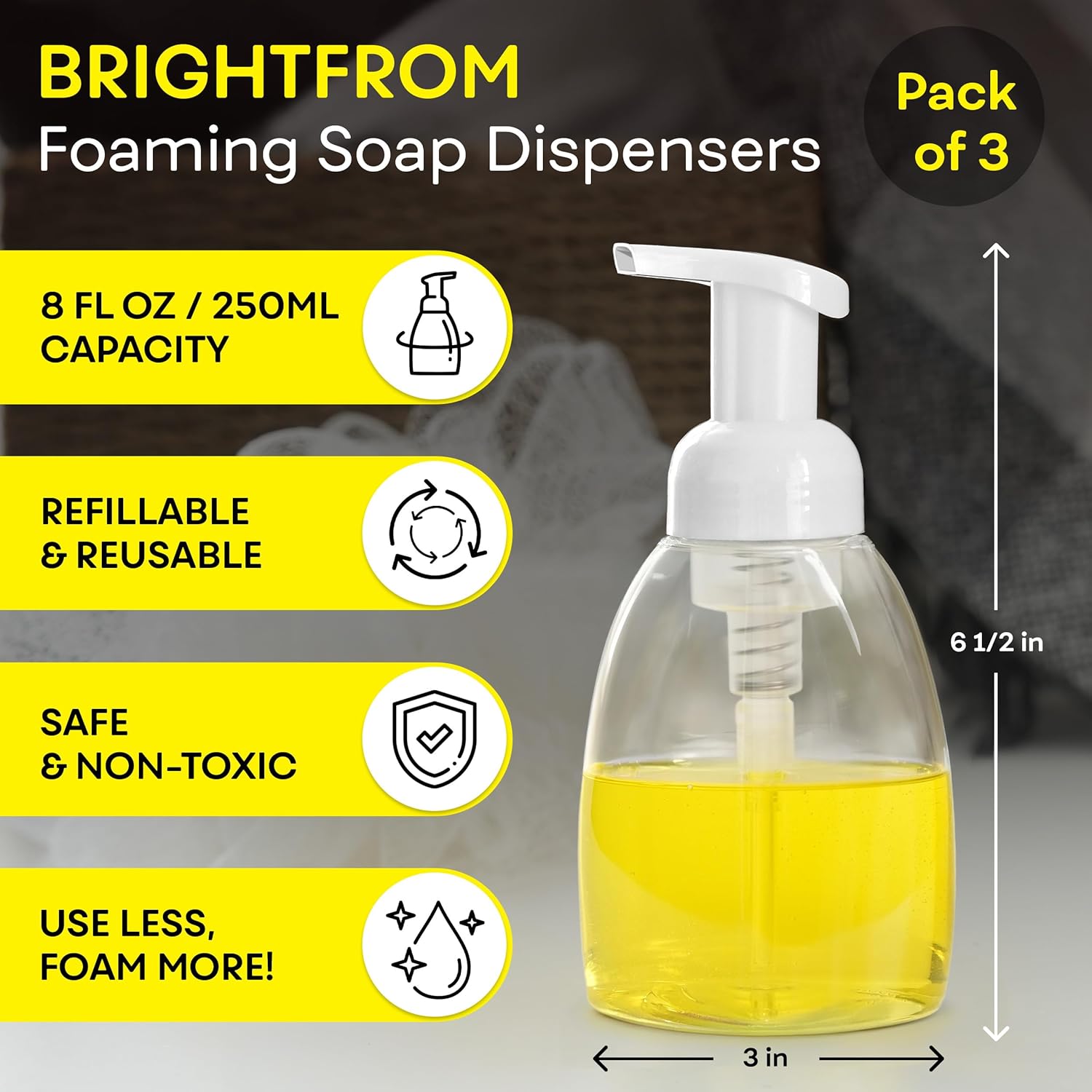 BRIGHTFROM 8oz Clear BPA Free Foaming Soap Dispenser Pump Bottles Pack of 3 - Image 2