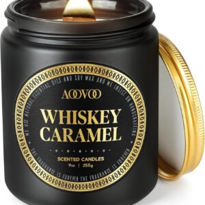 AOOVOO Scented Candles for Men - Premium Whiskey Caramel Candle for Home Scented | Crackling Wood Wick Soy Candles | Strong Fragranced Masculine Black Jar Candle Gift for Women & Men, AO-LZY0157