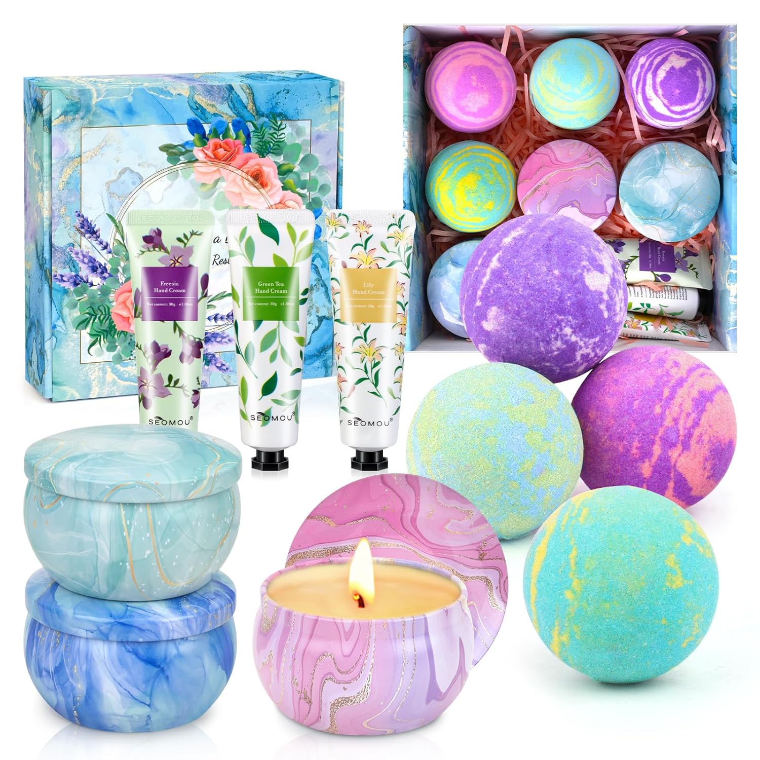 Bath Bombs for Women Gift Set,4 Enriched Bath Bombs + 3 Soy Candles + 3 Luxe Hand Creams | Ultimate Spa Night In Gift Set, Recharge Rituals for Her, Self-Care Box for Moms Wives Besties