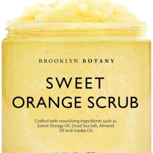 Brooklyn Botany Dead Sea Salt and Sweet Orange Body Scrub - Moisturizing and Exfoliating Body, Face, Hand, Foot Scrub - Fights Stretch Marks, Fine Lines, Wrinkles - Great Gifts for Women & Men - 10 oz