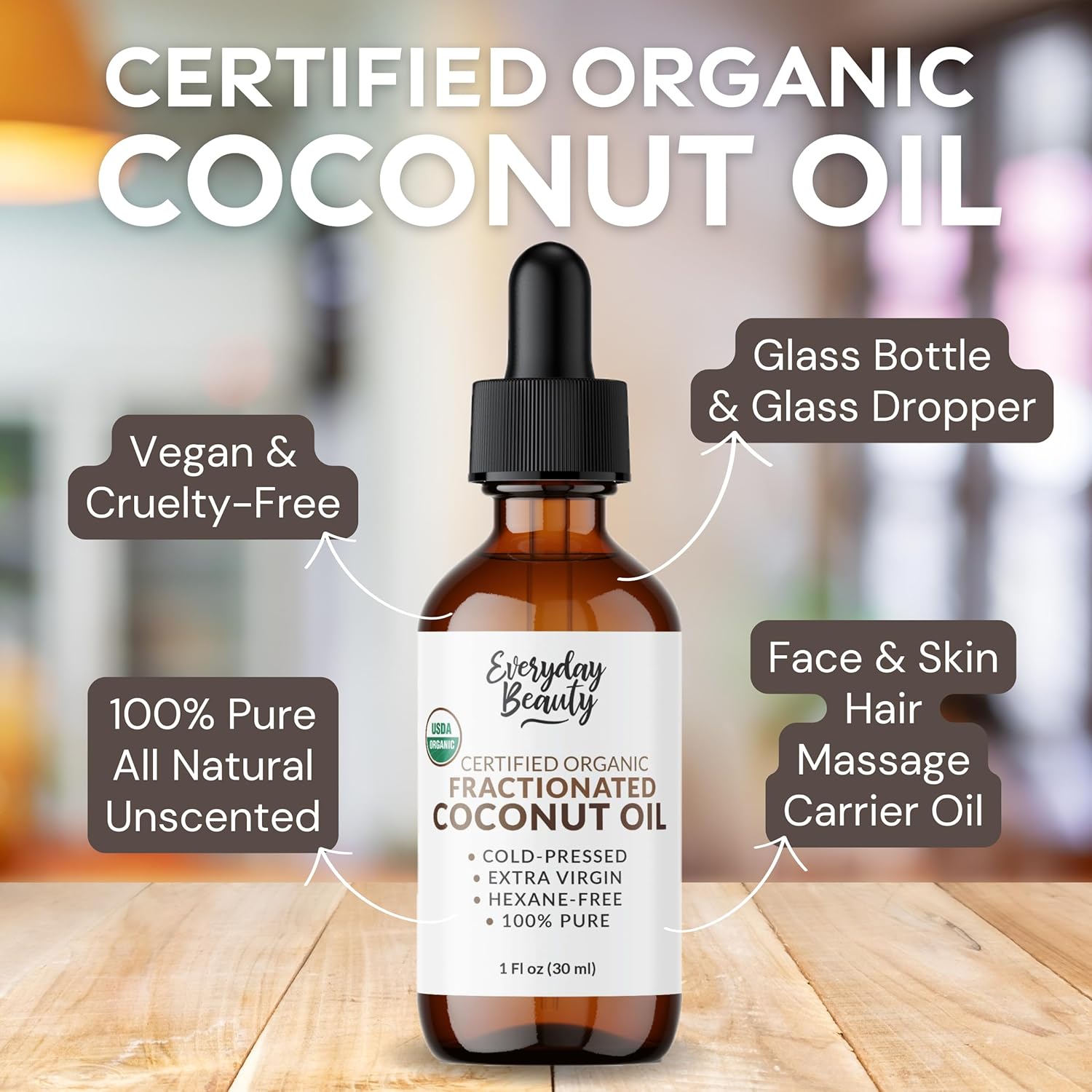 Organic Fractionated Coconut Oil | 100% Pure, Cold-Pressed | USDA Certified Organic | Amber Glass Bottle with Glass Dropper | For Face, Skin, & Hair - 1 Fl Oz - Image 2
