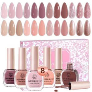 AZUREBEAUTY Light Dark Pink Nude Orange Champagne Glitter Quick Dry Nail Polish Set 8 Colors, Natural Nail Lacquer Strengthening Treatment Kit DIY Salon