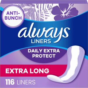 Always Daily Extra Protect Liners, Extra Long Length, Unscented Panty Liners, Feel Clean and Comfortable for up to 10 Hours, 116 Count (Packaging May Vary)