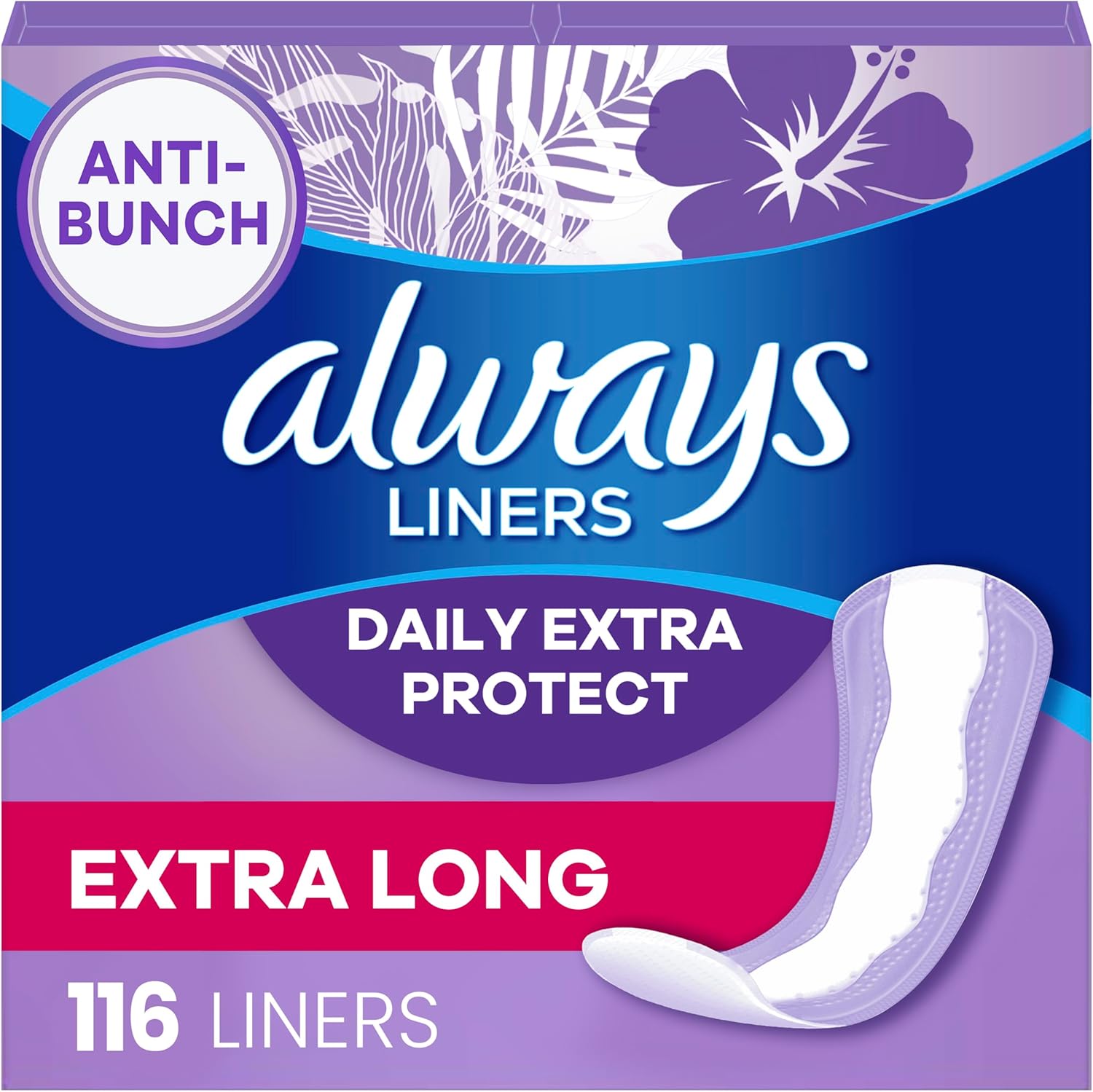 Always Daily Extra Protect Liners, Extra Long Length, Unscented Panty Liners, Feel Clean and Comfortable for up to 10 Hours, 116 Count (Packaging May Vary)